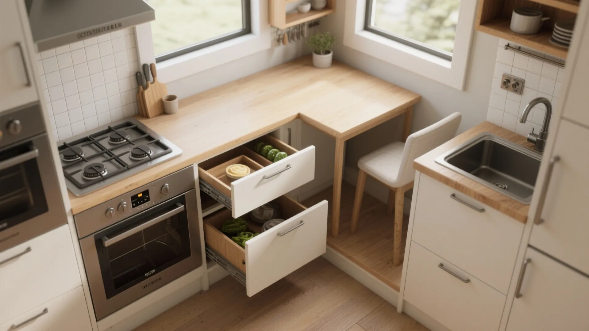 Small kitchen interior design with wood countertop and open drawers next to a dining chair