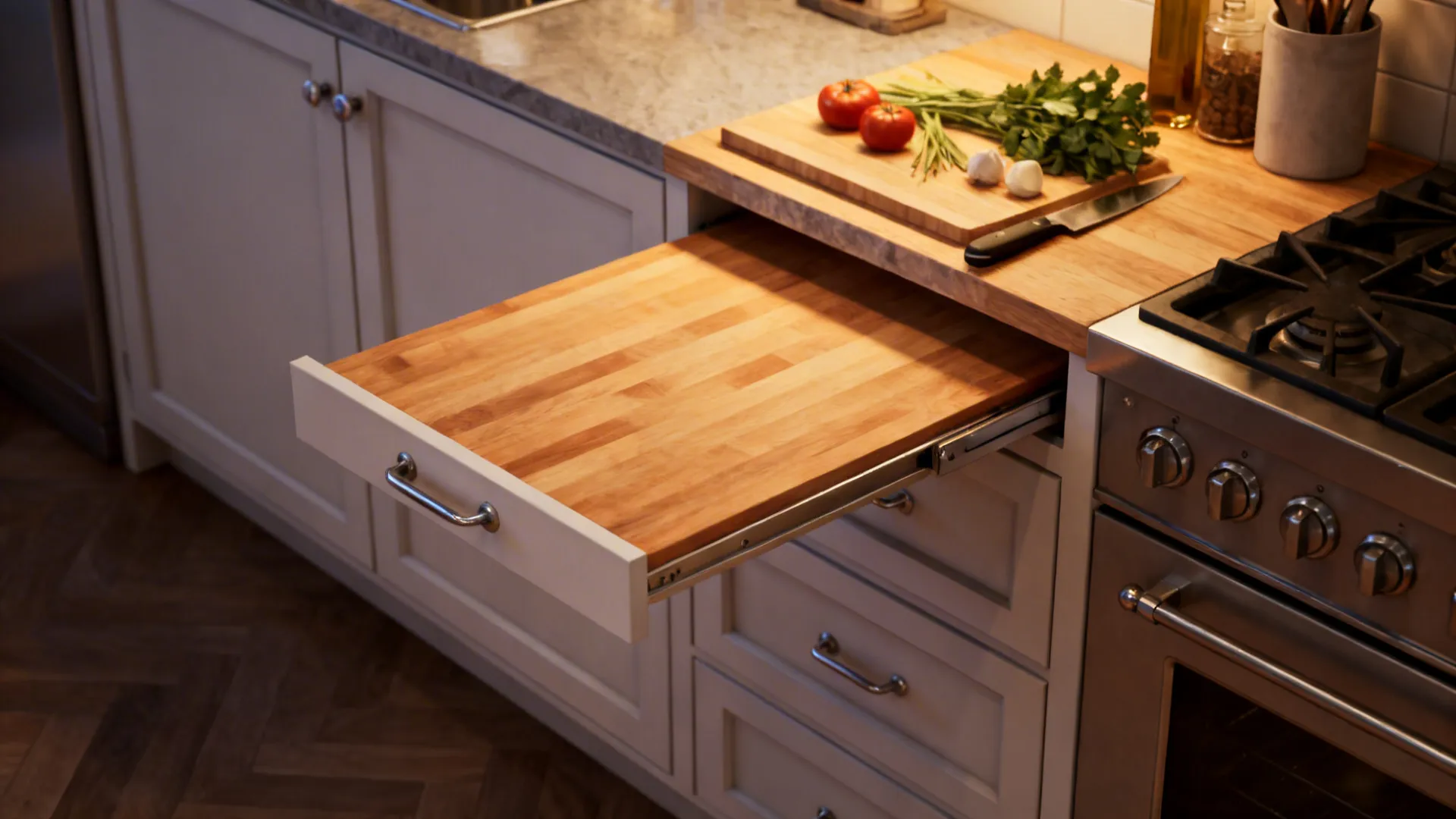 Pull-out cutting board and fold-down counter creating temporary prep space in a compact kitchen.