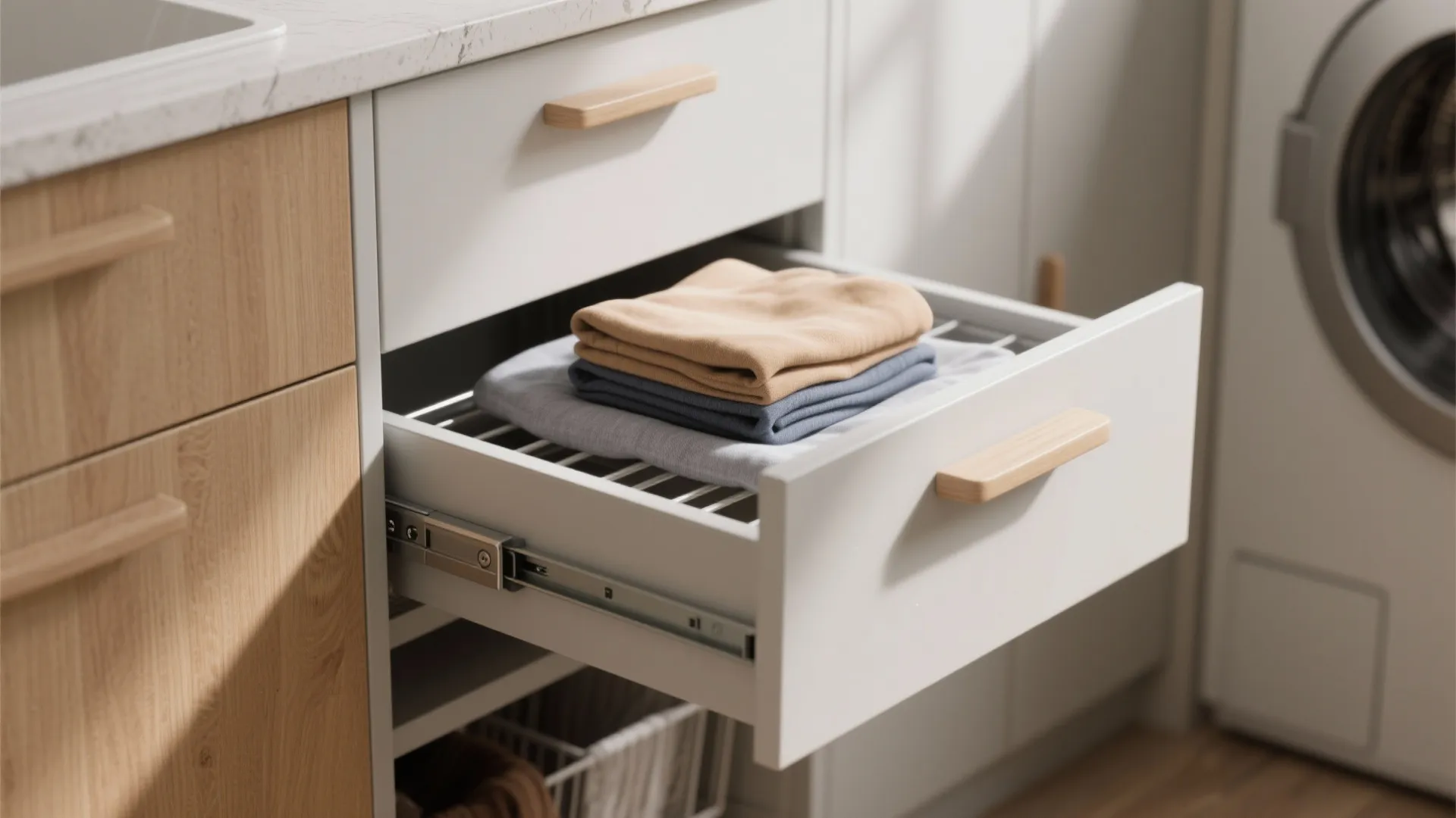 Close-up of a pull-out folding drawer in a compact laundry room with folded clothes and laminate surface.