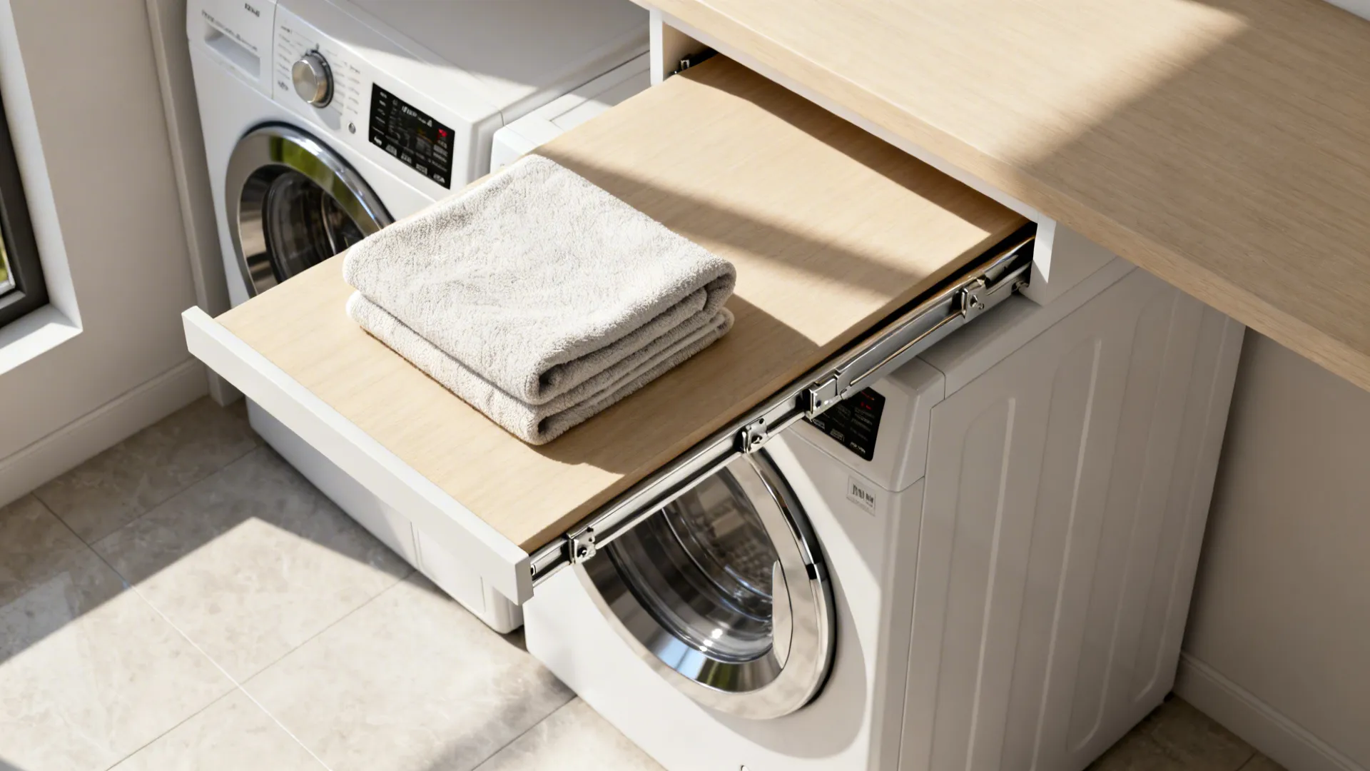 Wooden pull out laundry shelf holding a folded towel above white front loading washing machine