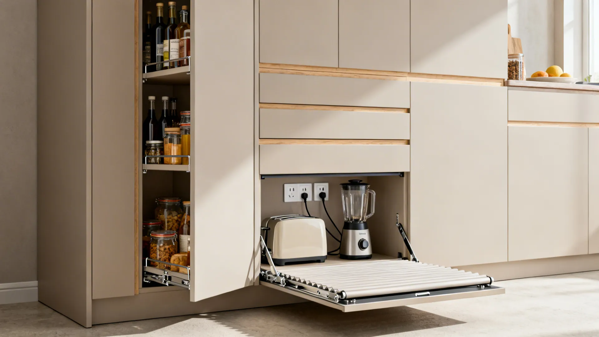 Tall unit with a pull-out pantry and an appliance garage with tambour door open.