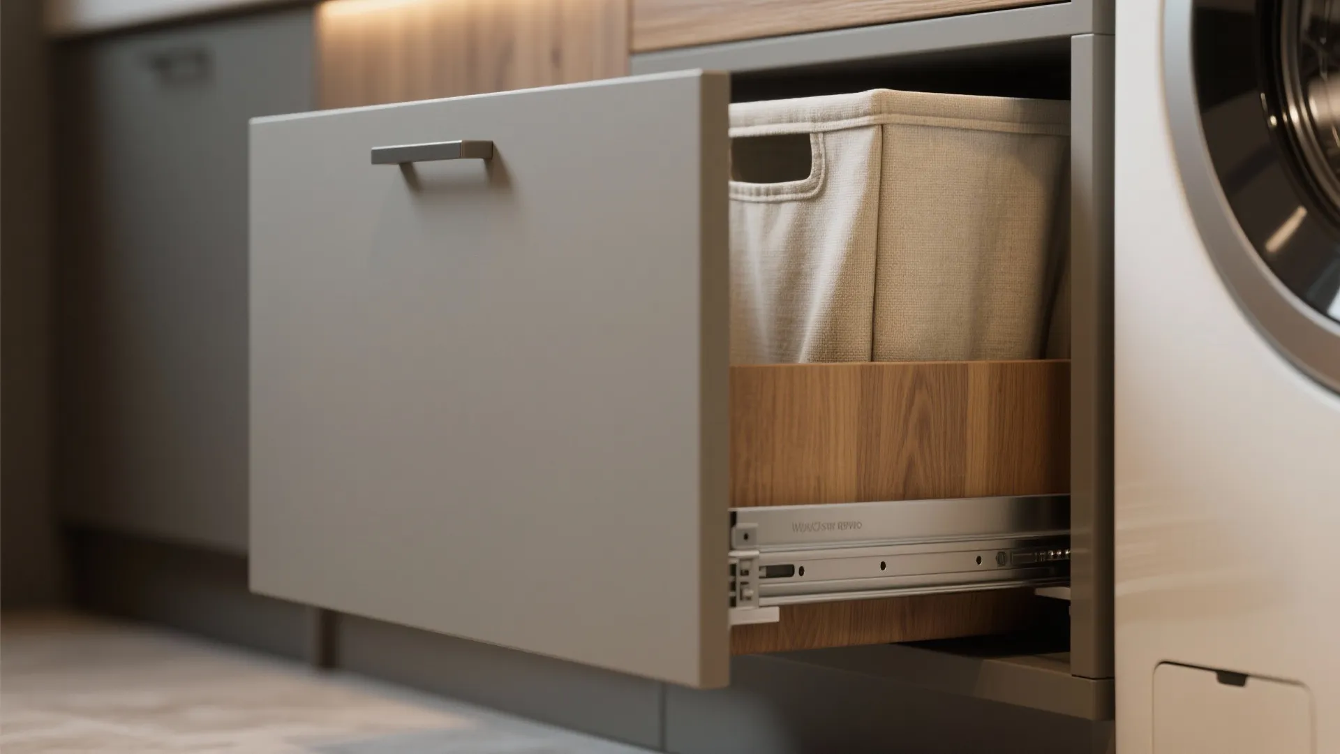 Open grey cabinet drawer with wood interior holding a beige fabric laundry basket for hidden storage