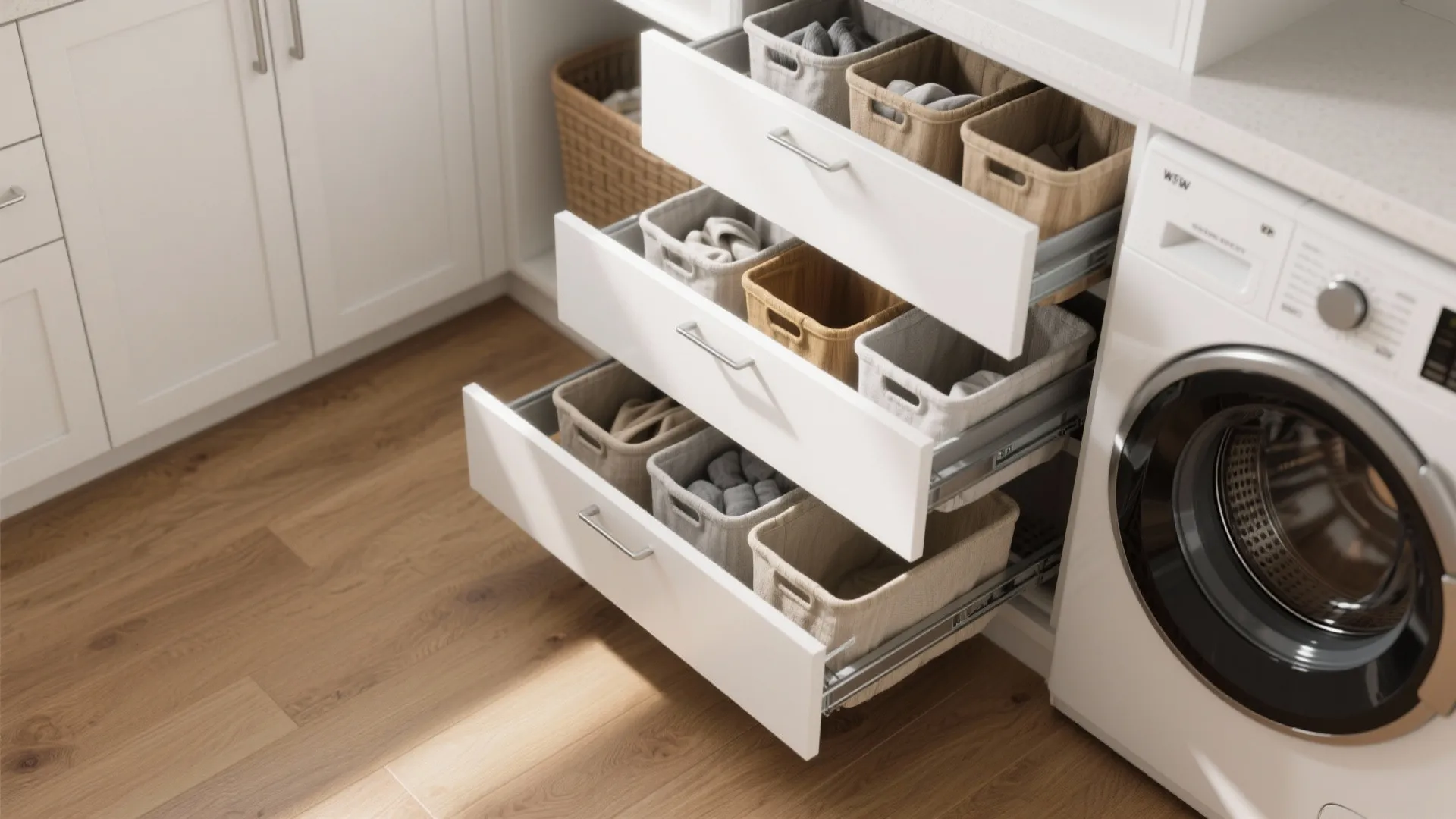 3. Built-in pull-out hamper and sorting trays