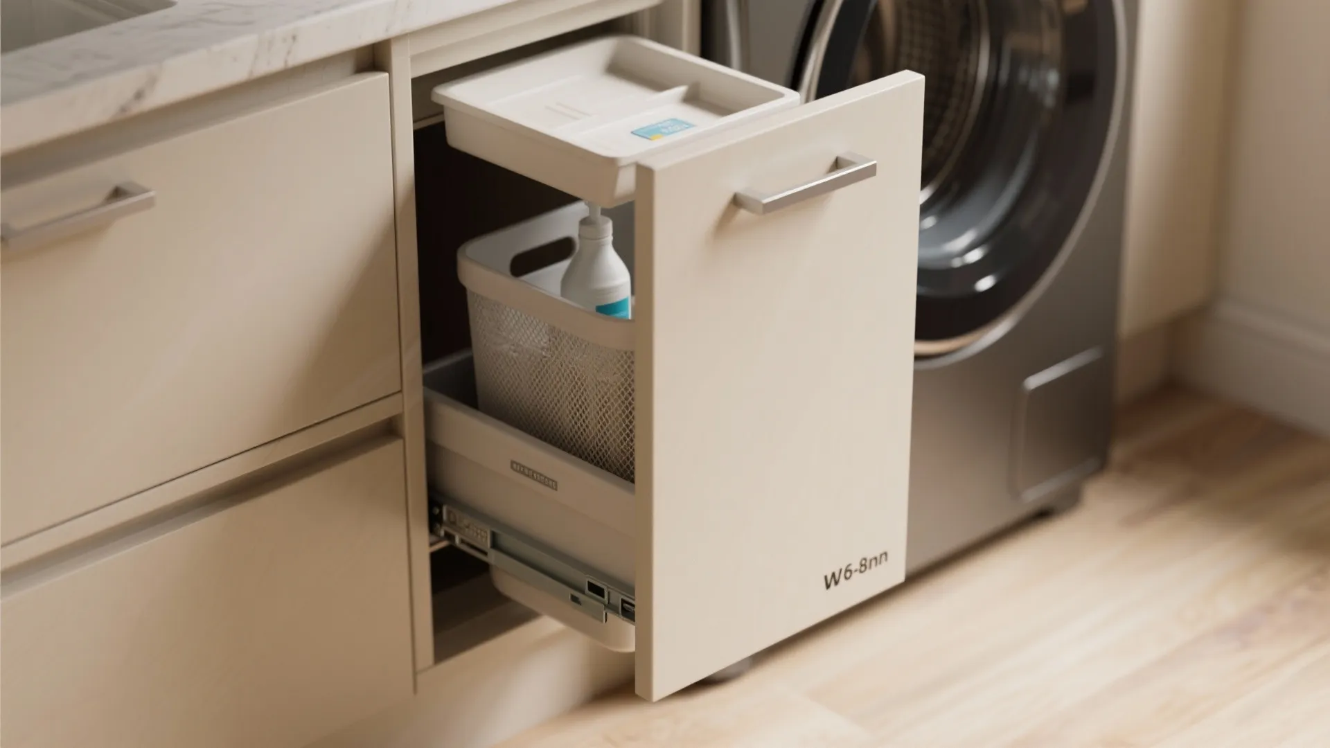 4. Narrow Pull-Out Hamper and Detergent Tray