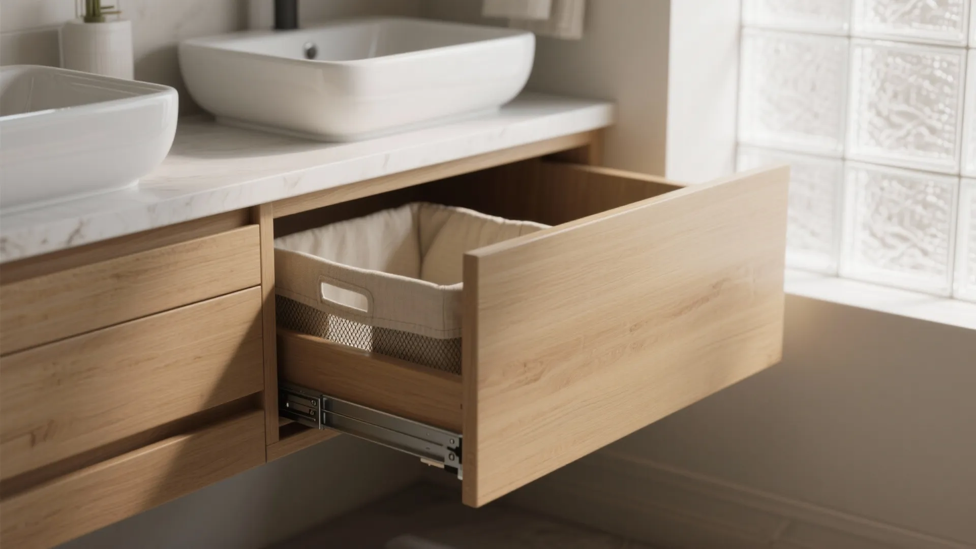 Pull out wooden drawer with laundry basket under white bathroom sink near a glass window