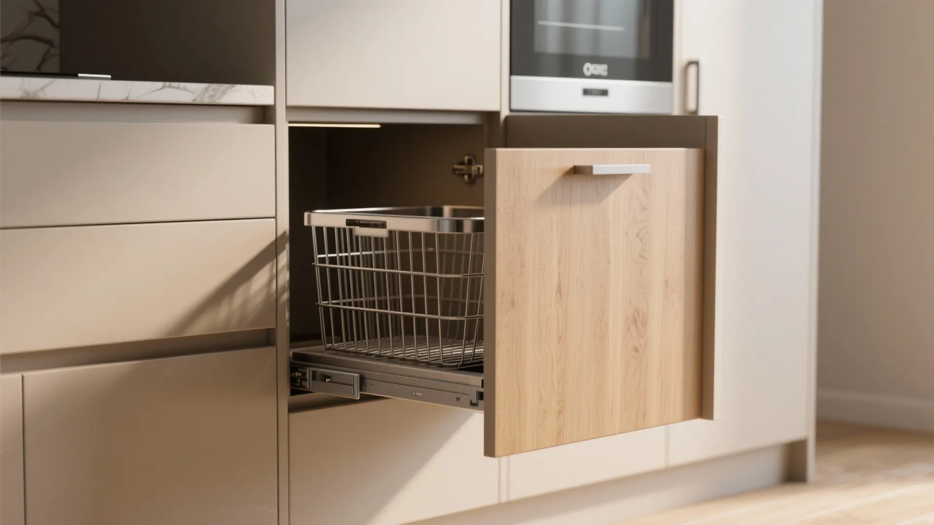 Metal wire basket inside open pull out wooden kitchen cabinet drawer with one small silver handle