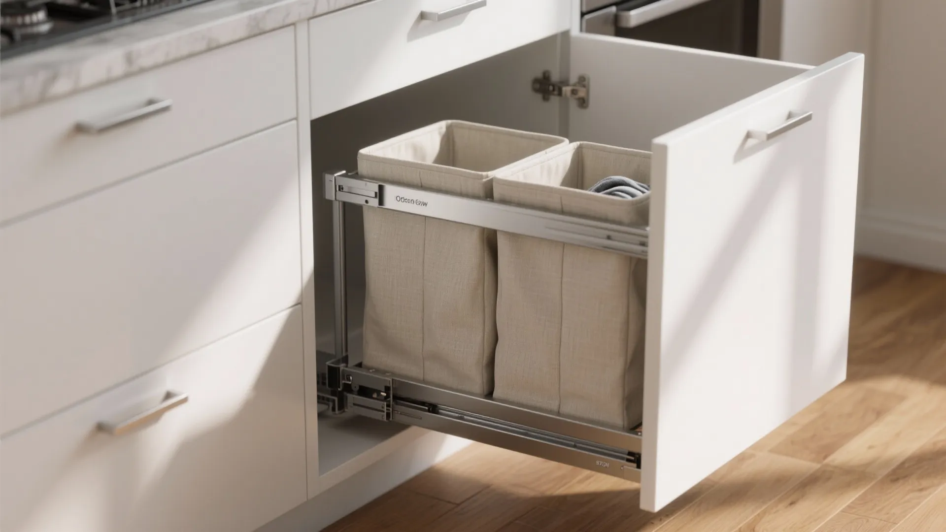 White kitchen cabinet with a pull out drawer featuring two fabric laundry bins for organized