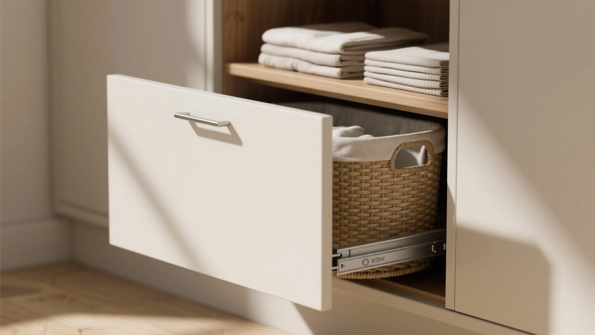 Close-up of a slim pull-out hamper in a cabinet with soft-close runners and woven basket.