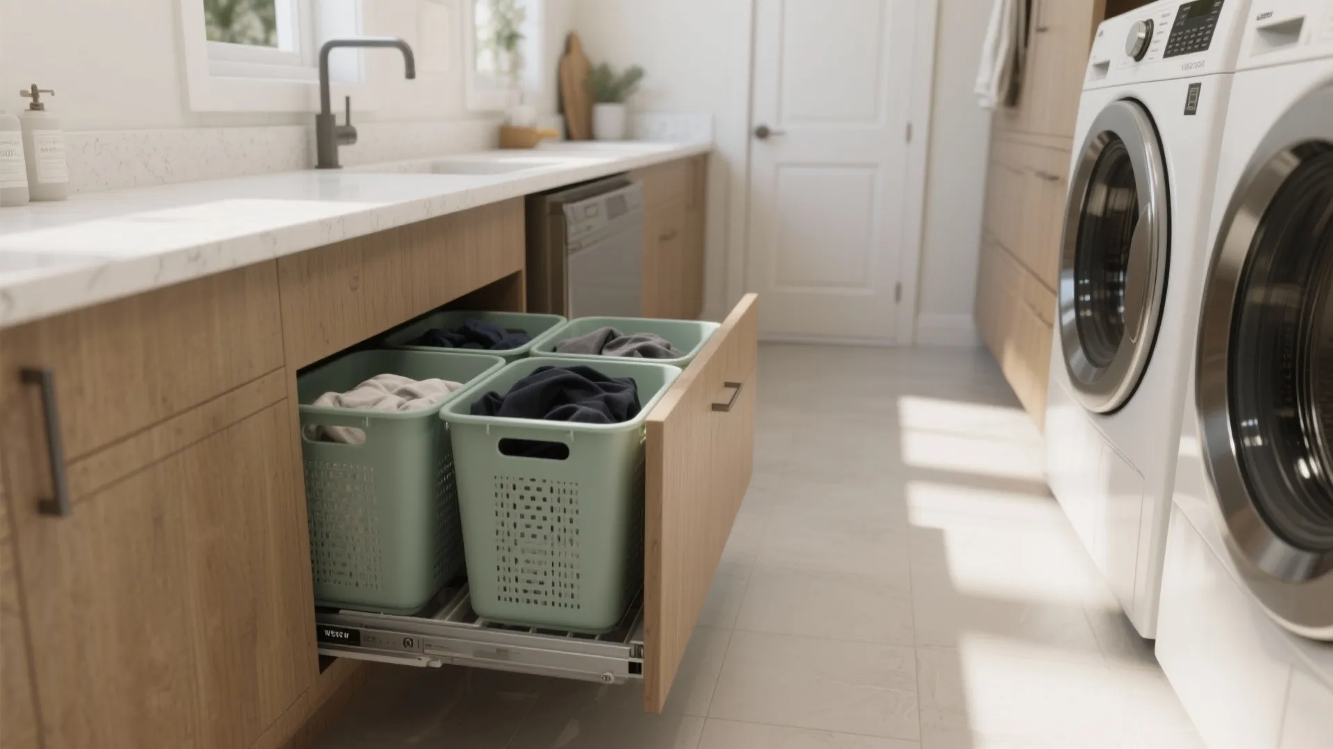 Under-counter pull-out hampers in a compact laundry with a clear 36-inch aisle for sorting