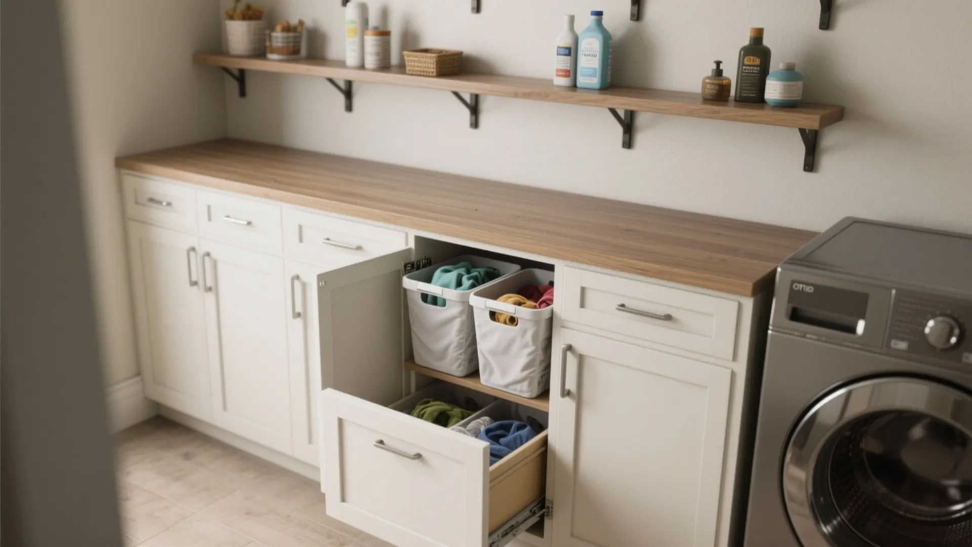 Modern laundry room with white cabinets wooden countertop pull out drawers with baskets and washer