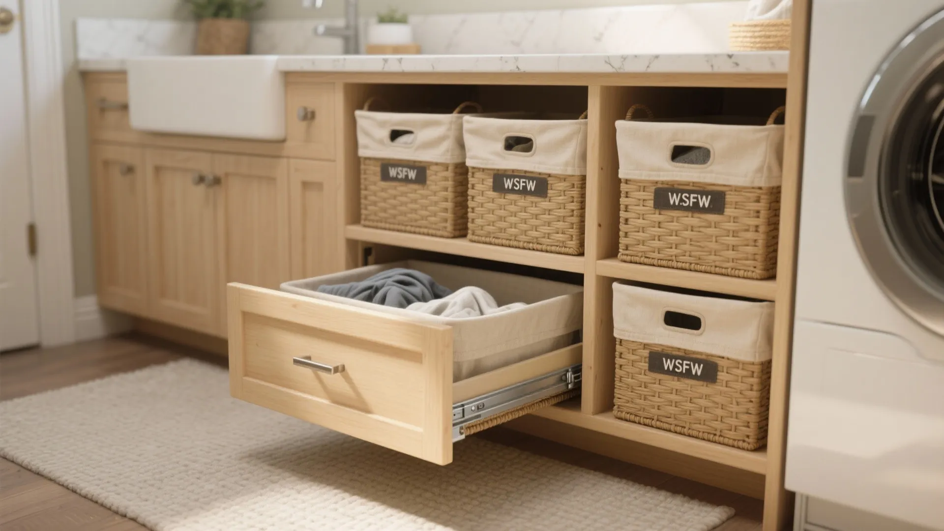 Pull-out hampers and built-in baskets under a countertop creating organized laundry sorting.