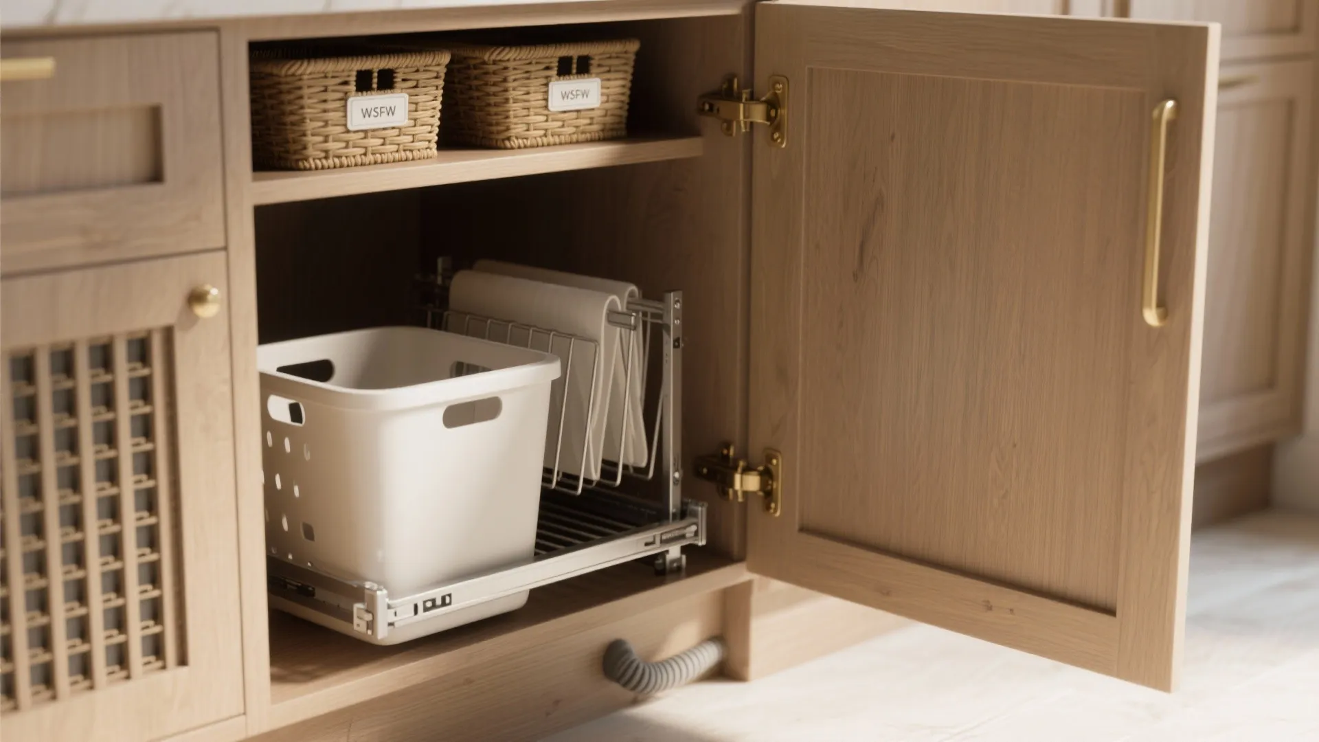 Open wood cabinet showing pullout laundry basket and small woven storage boxes for organized home use