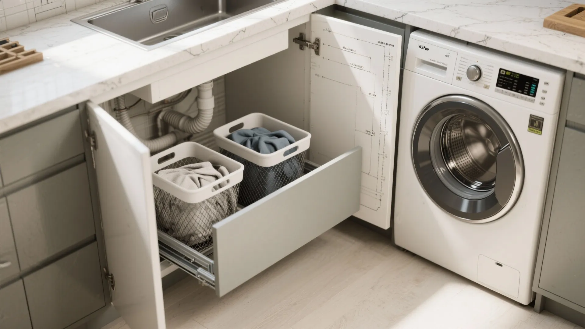 Kitchen sink cabinet with pullout drawer holding two laundry baskets next to a washing machine