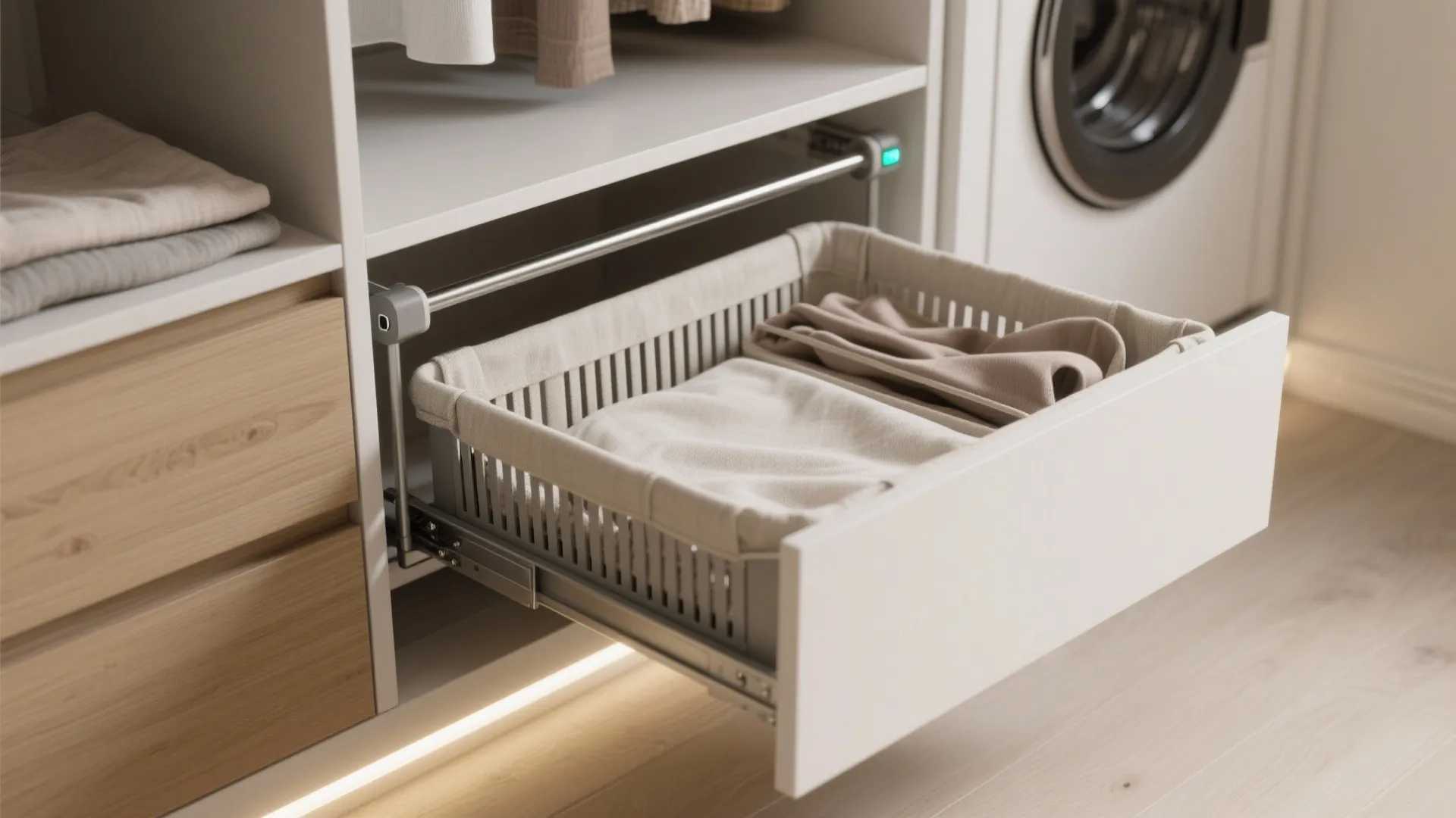 2. Pull-out hampers and a hidden drying rod