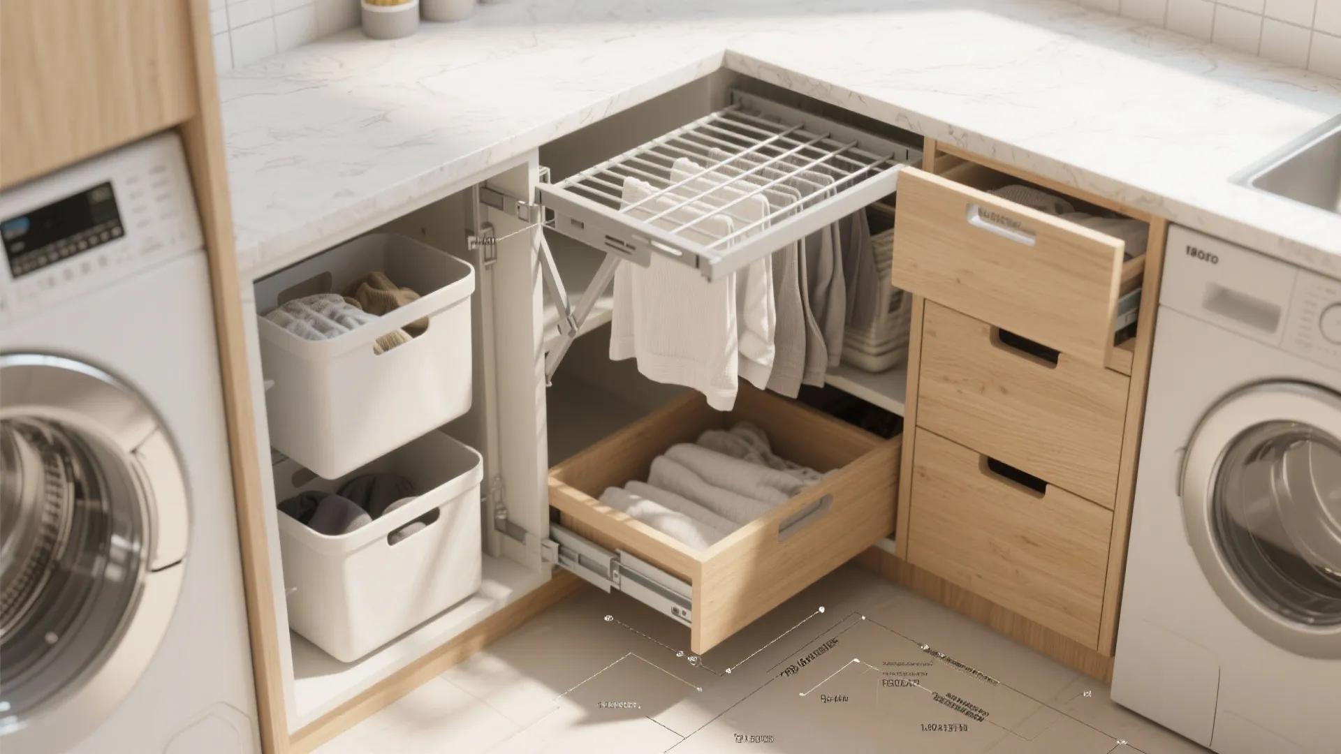 Modern laundry room cabinet with pull out drying rack wood drawers and white storage plastic bins