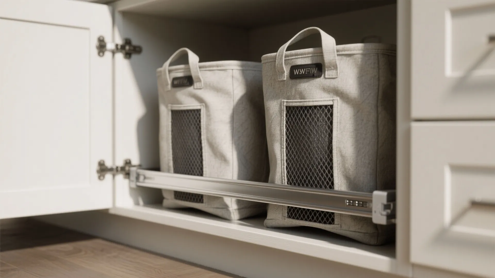 Close-up of built-in pull-out hampers inside a base cabinet showing fabric bags and metal slide hardware.