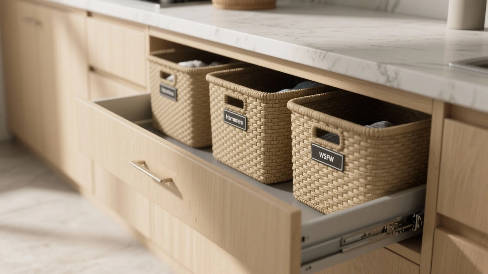 3. Hidden hampers and pull-out shelves for sorting