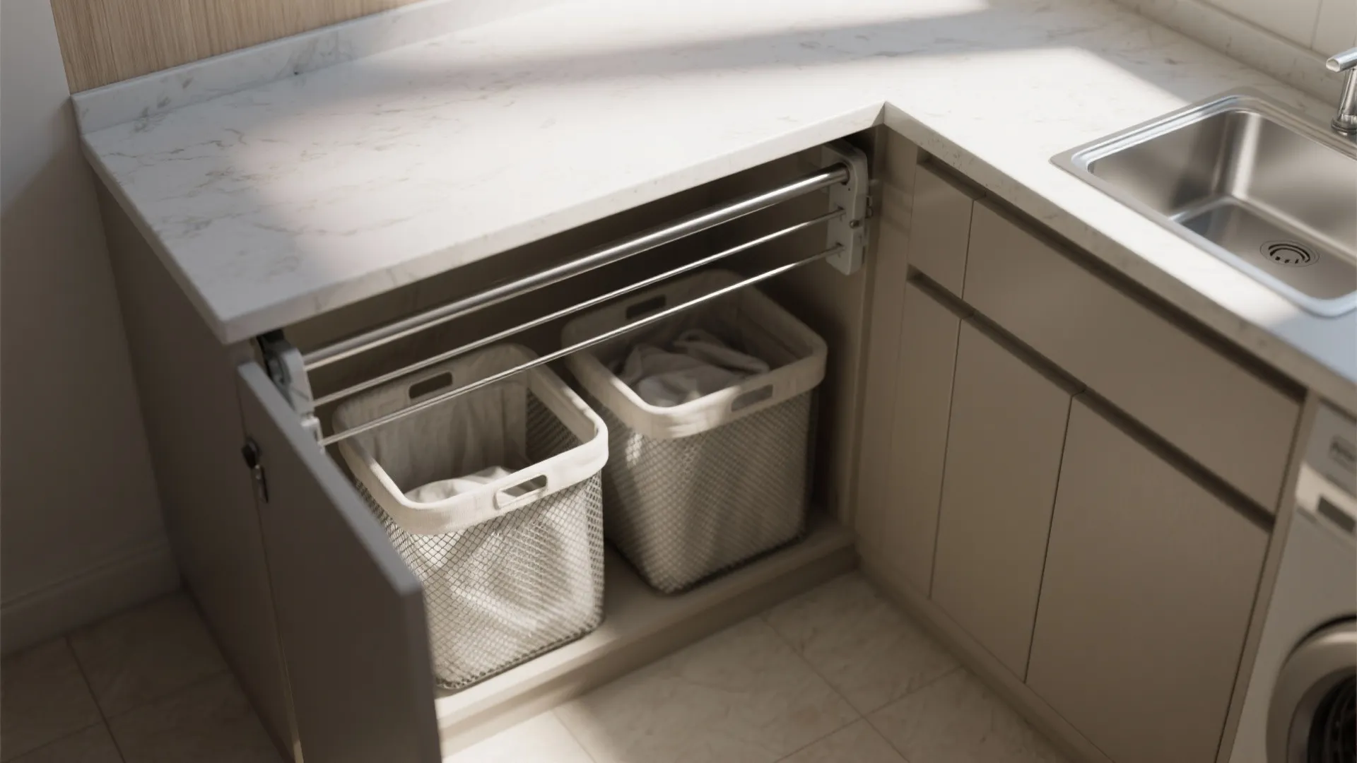 Pullout cabinet drawer with two wire laundry baskets under a marble countertop in a modern kitchen