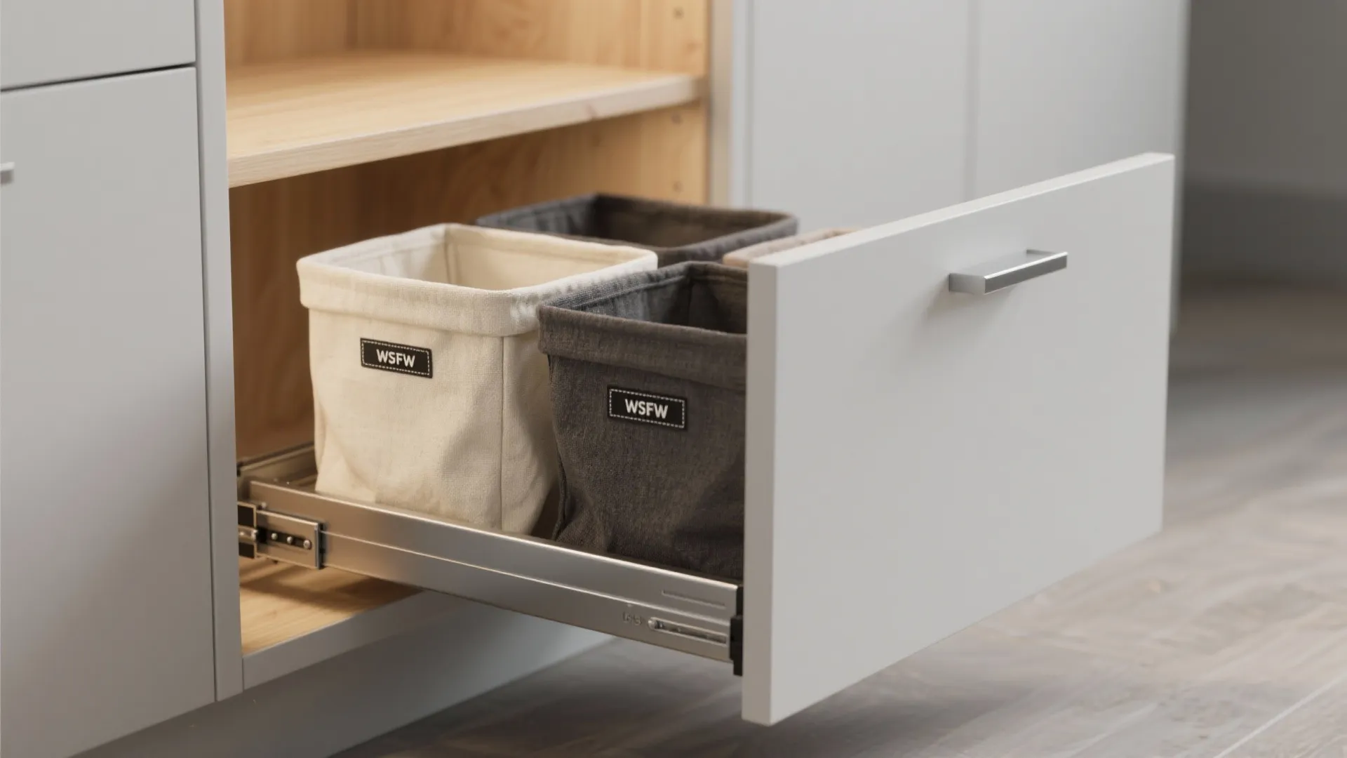 A pull out white cabinet drawer containing fabric storage baskets for organizing a modern home
