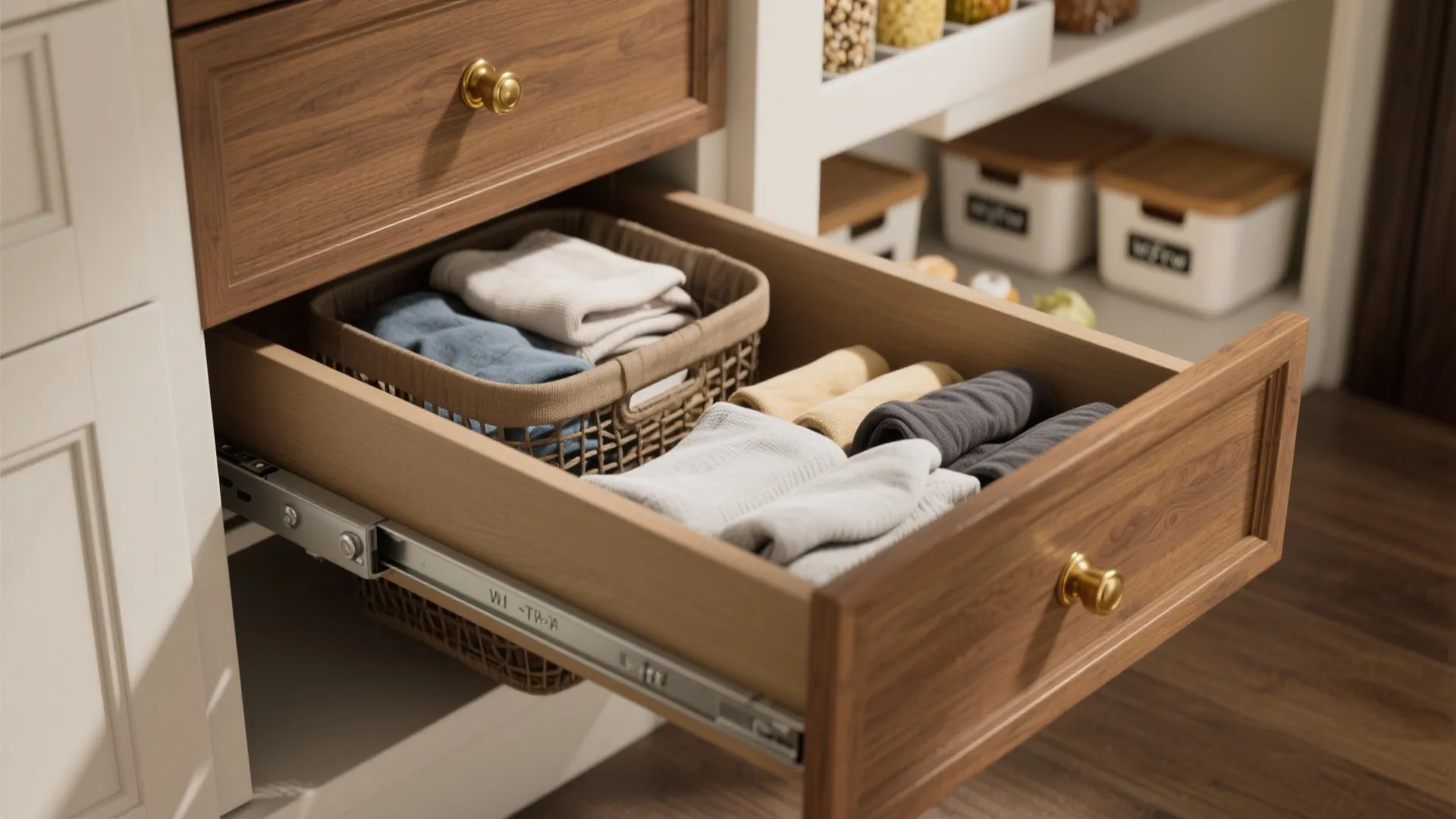 2. Pull-out laundry bin + pantry drawers