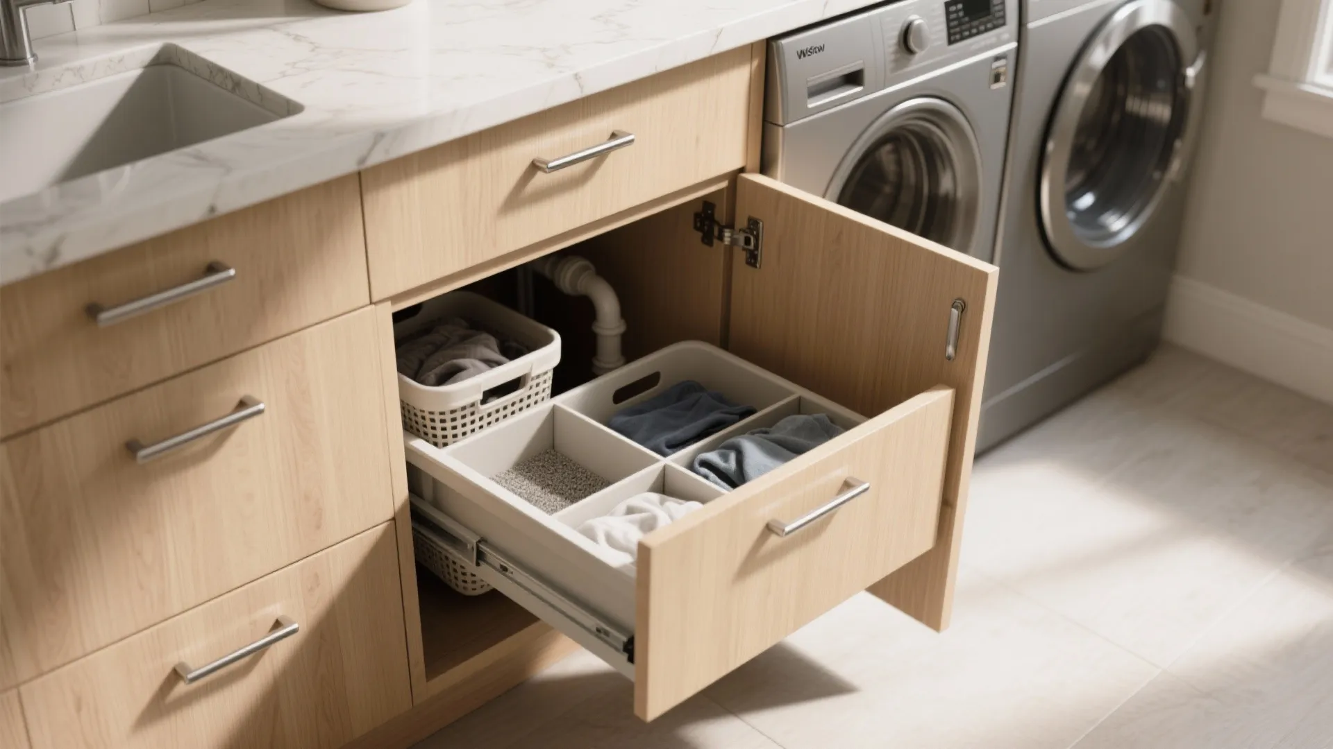 2. Integrated pull-out hampers and trash drawers