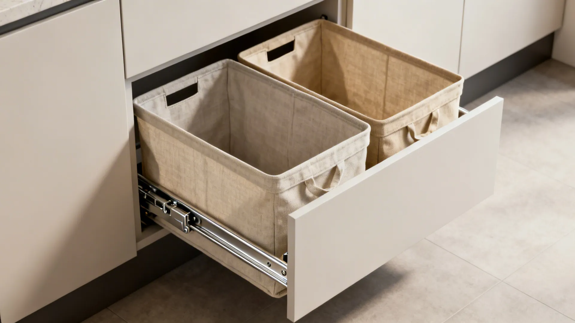 Two-bin pull-out laundry hamper inside a shallow cabinet with metal runners
