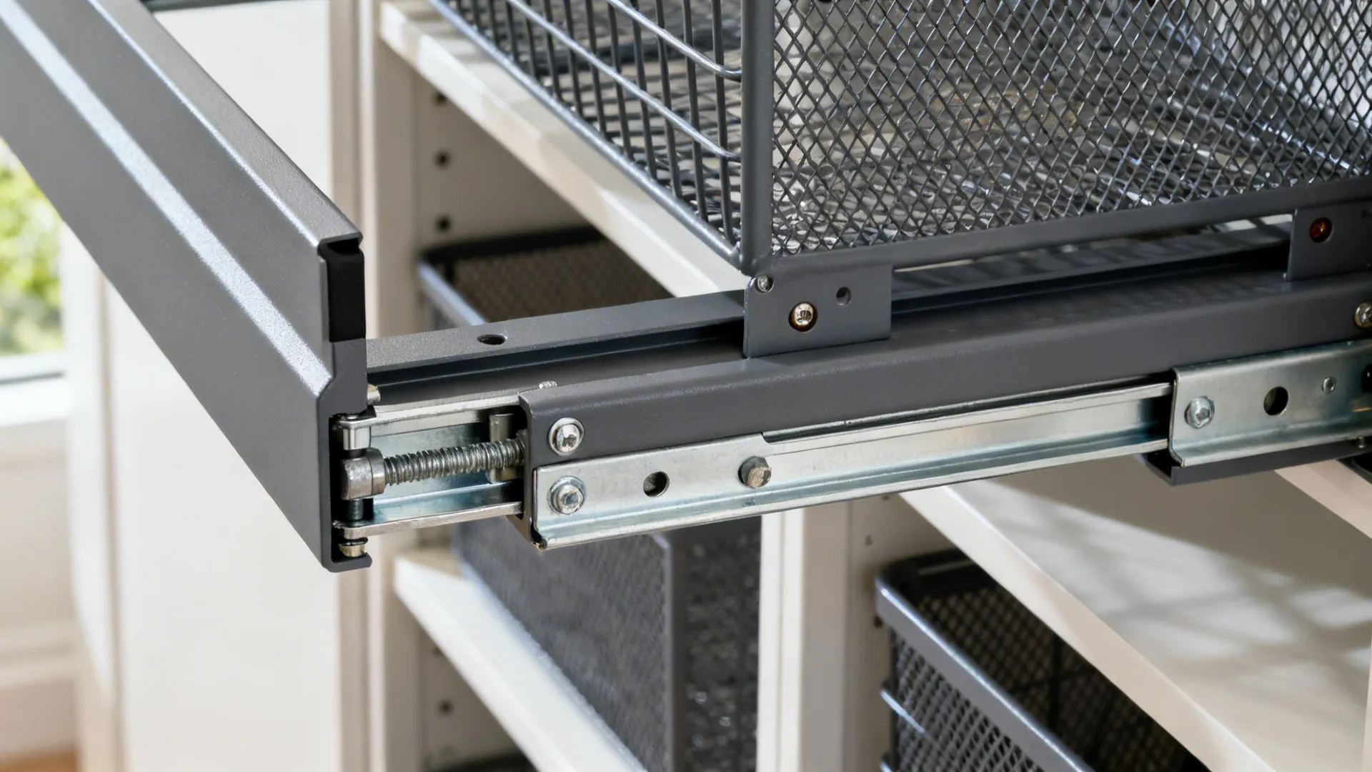 Macro of a pantry pull-out soft-close runner and metal basket assembly.