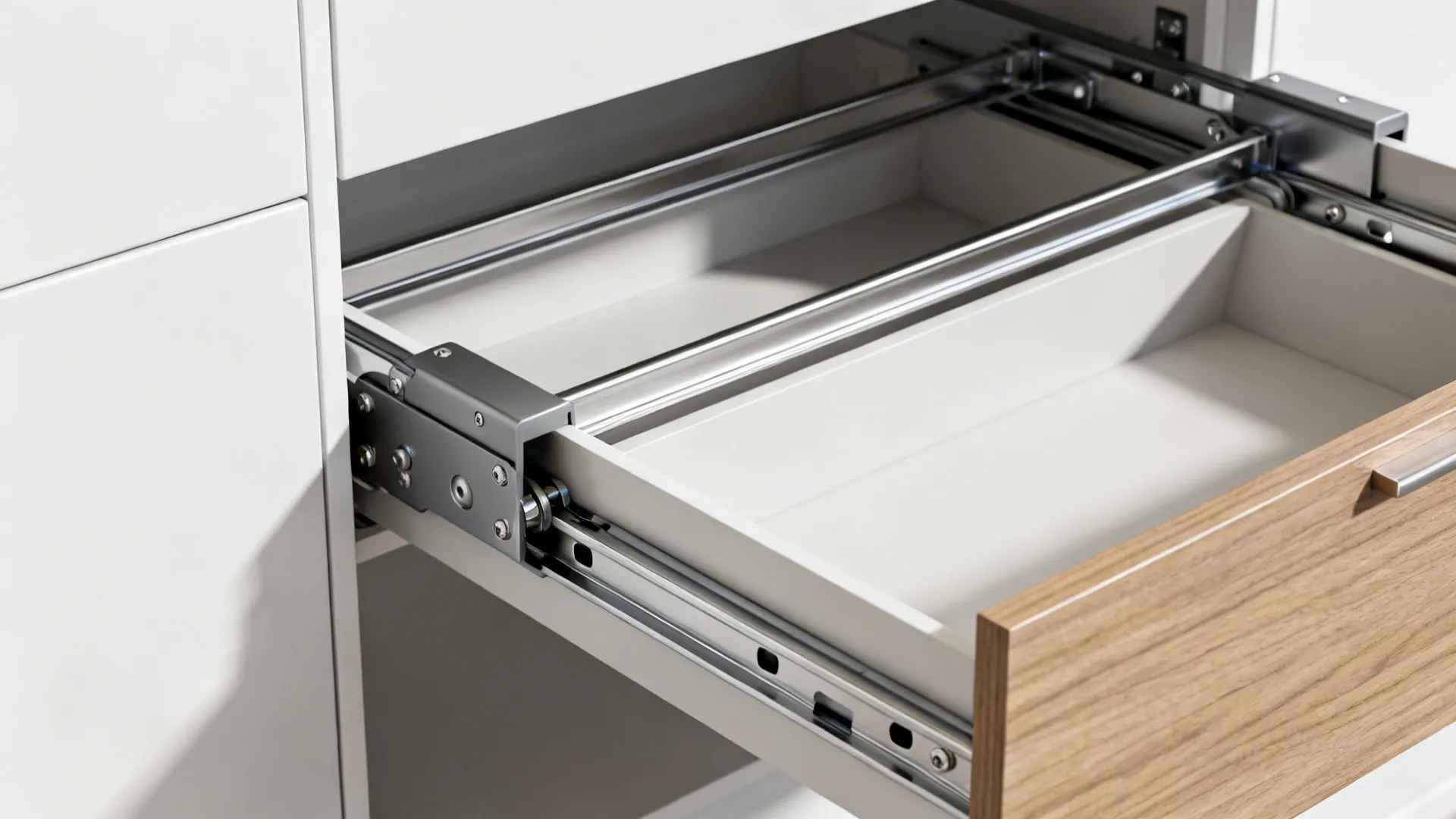 Close-up of soft-close pantry pull-out hardware inside a matte white cabinet.