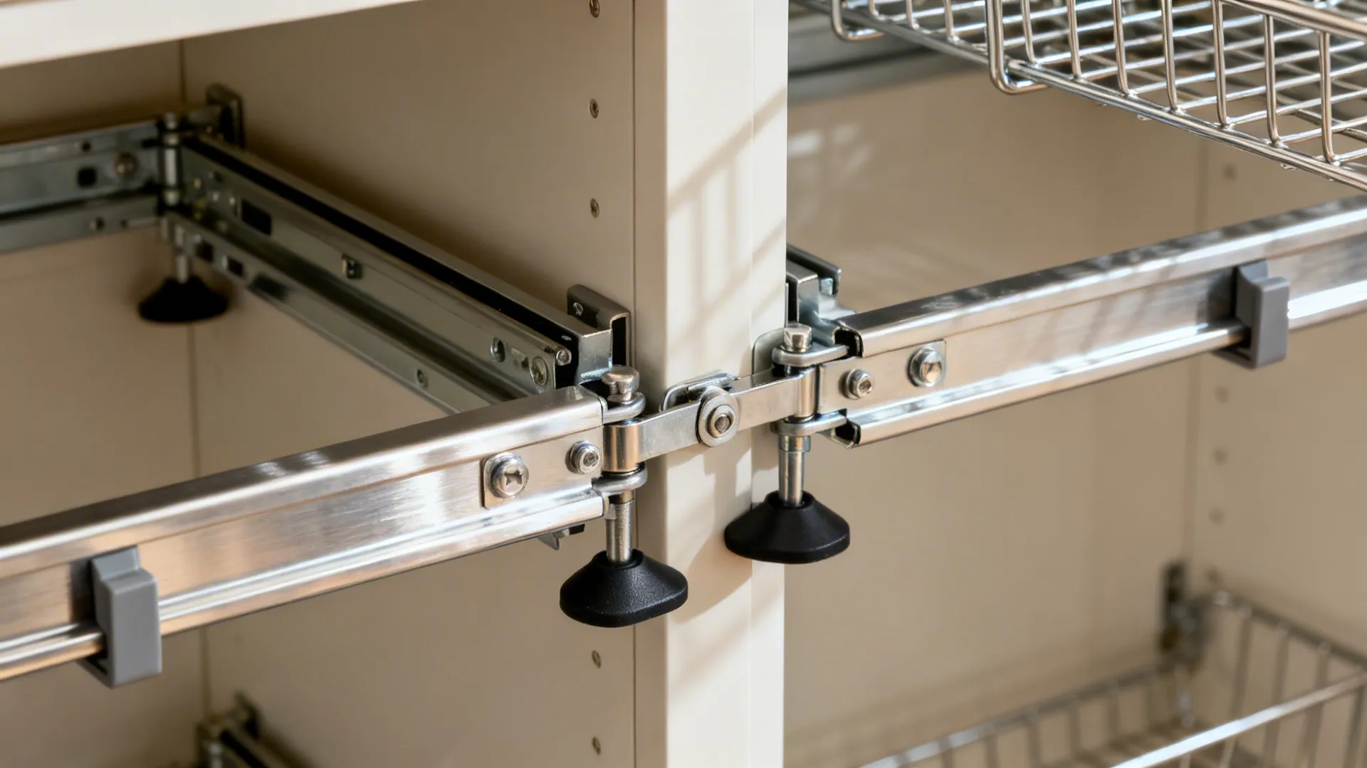 Macro of soft-close slides and stabilizers on a blind corner pull-out system.