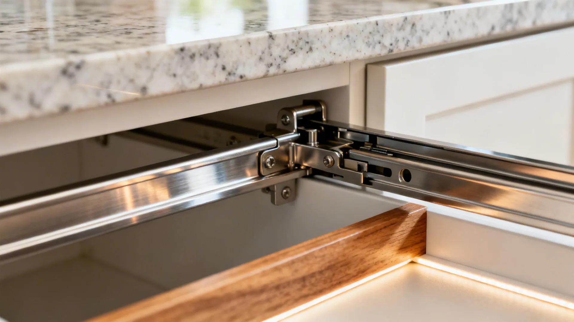 Macro view of blind-corner pull-out slides and soft-close hardware under a quartz slab.