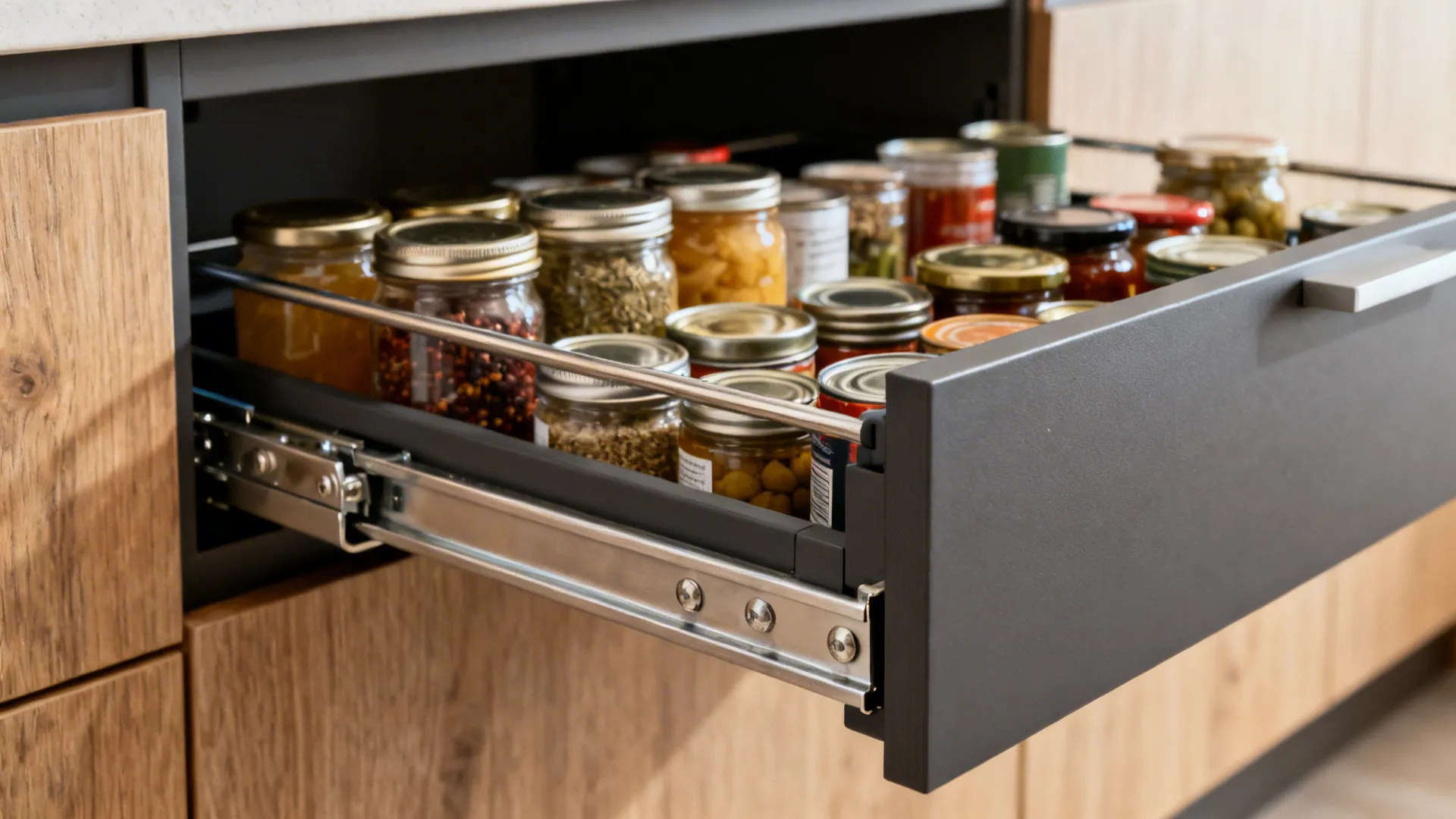 Open kitchen drawer showing organized glass jars, metal sliding rails, and light brown wood cabinets