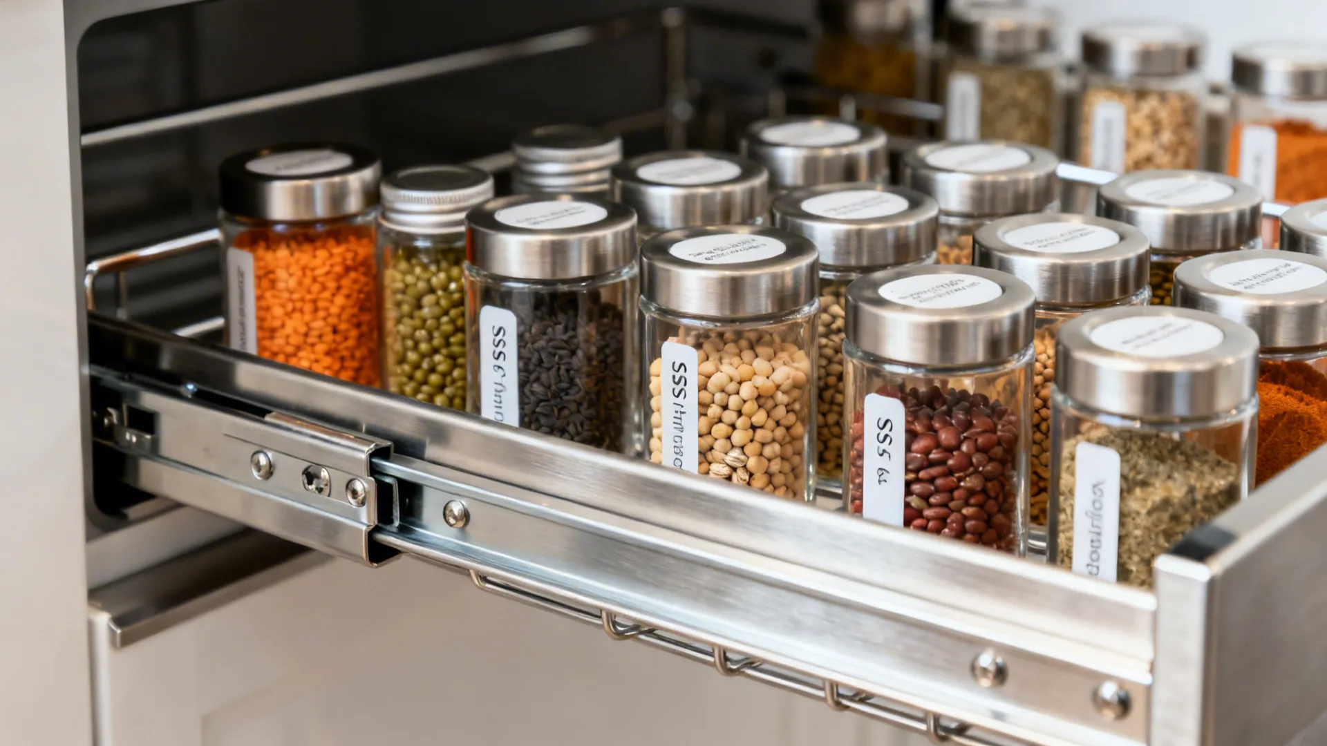 Metal kitchen pull-out drawer holding several glass jars with spices and beans for organized storage