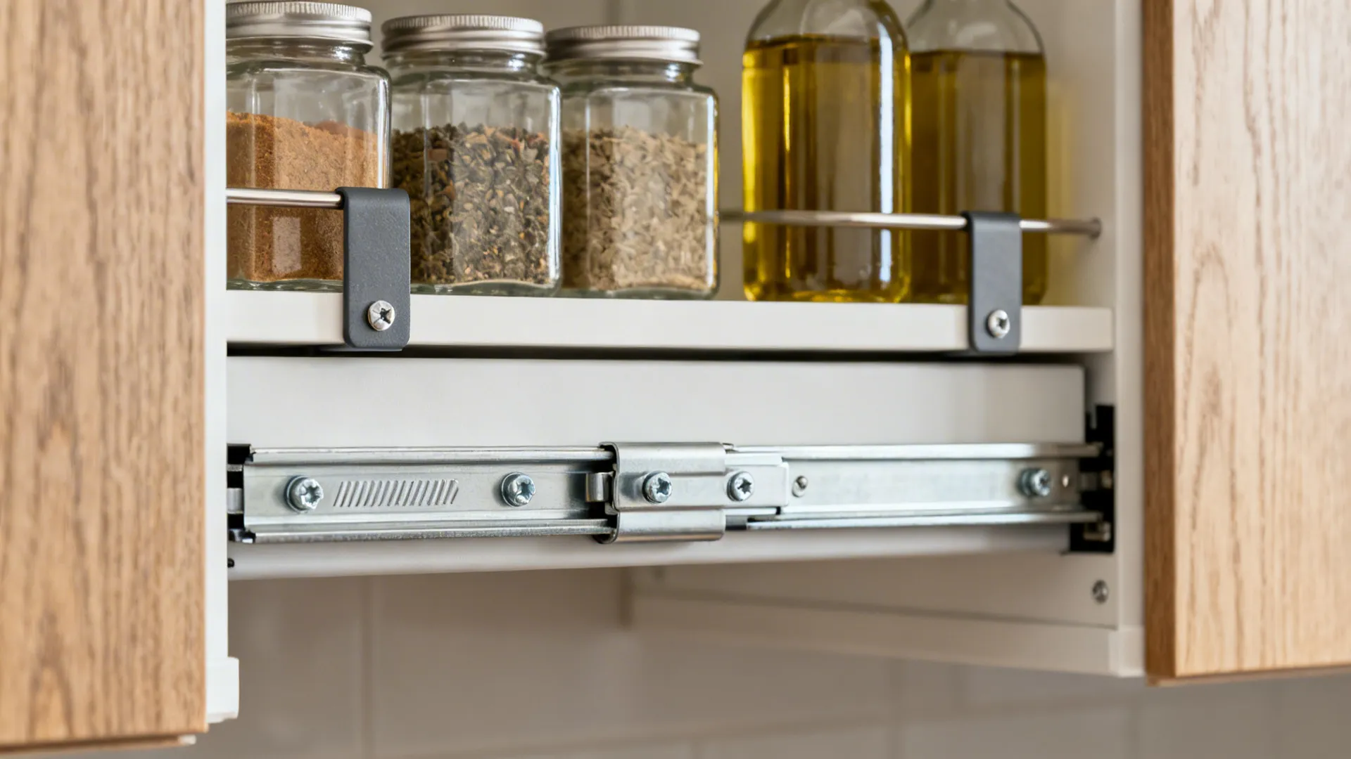 Macro view of soft-close full-extension runners and adjustable shelves on a slim pull-out pantry.