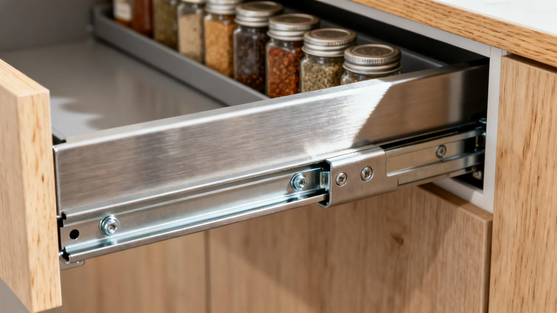 Macro of a pull-out cabinet’s soft-close slide and birch frame with spice jars.