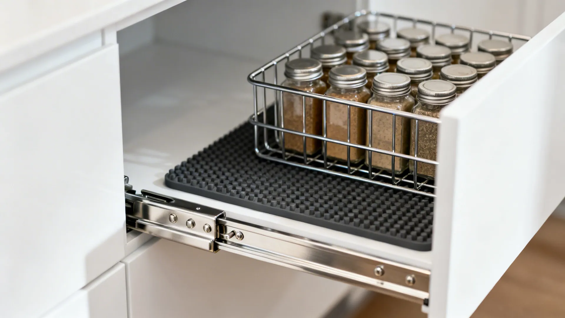Close-up of full-extension hardware and metal basket with anti-slip mat in a corner pull-out.