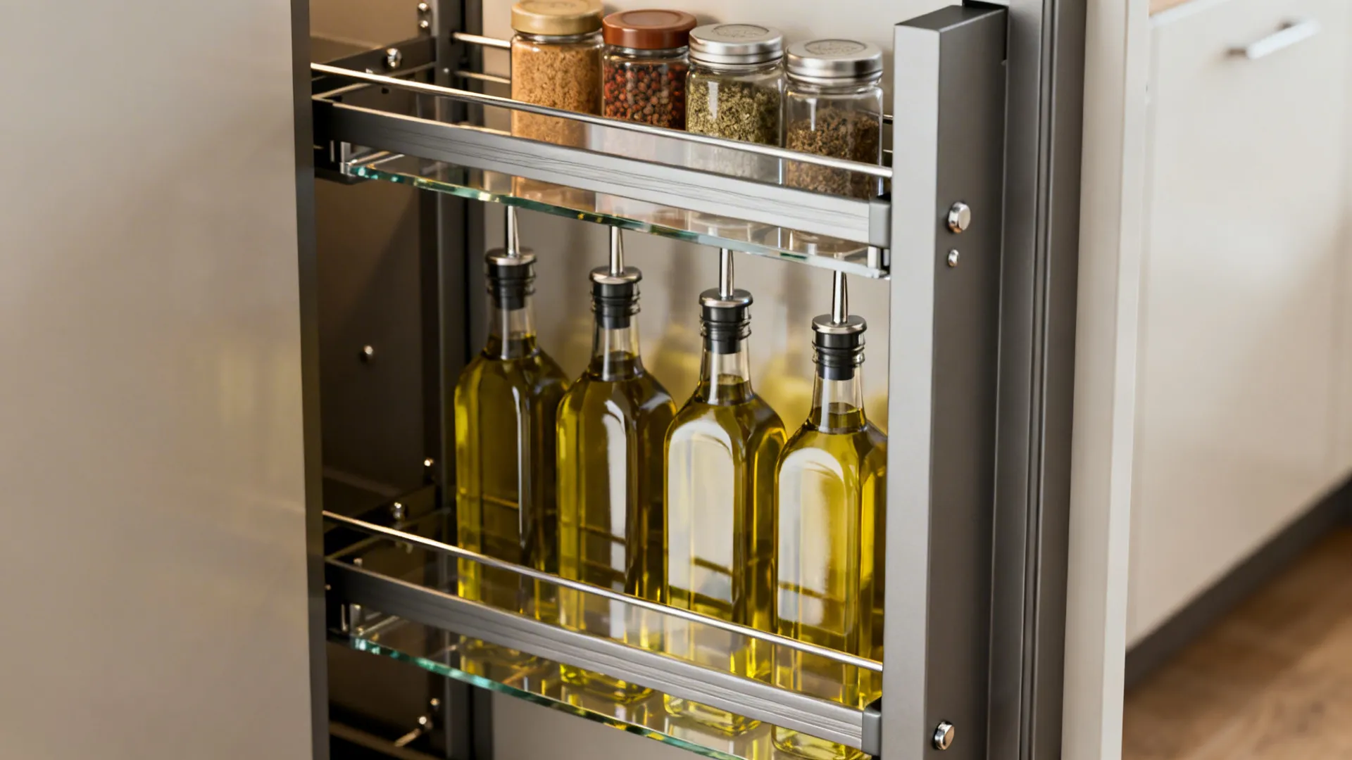 2) Tall pantry pull-outs flanking the cook zone