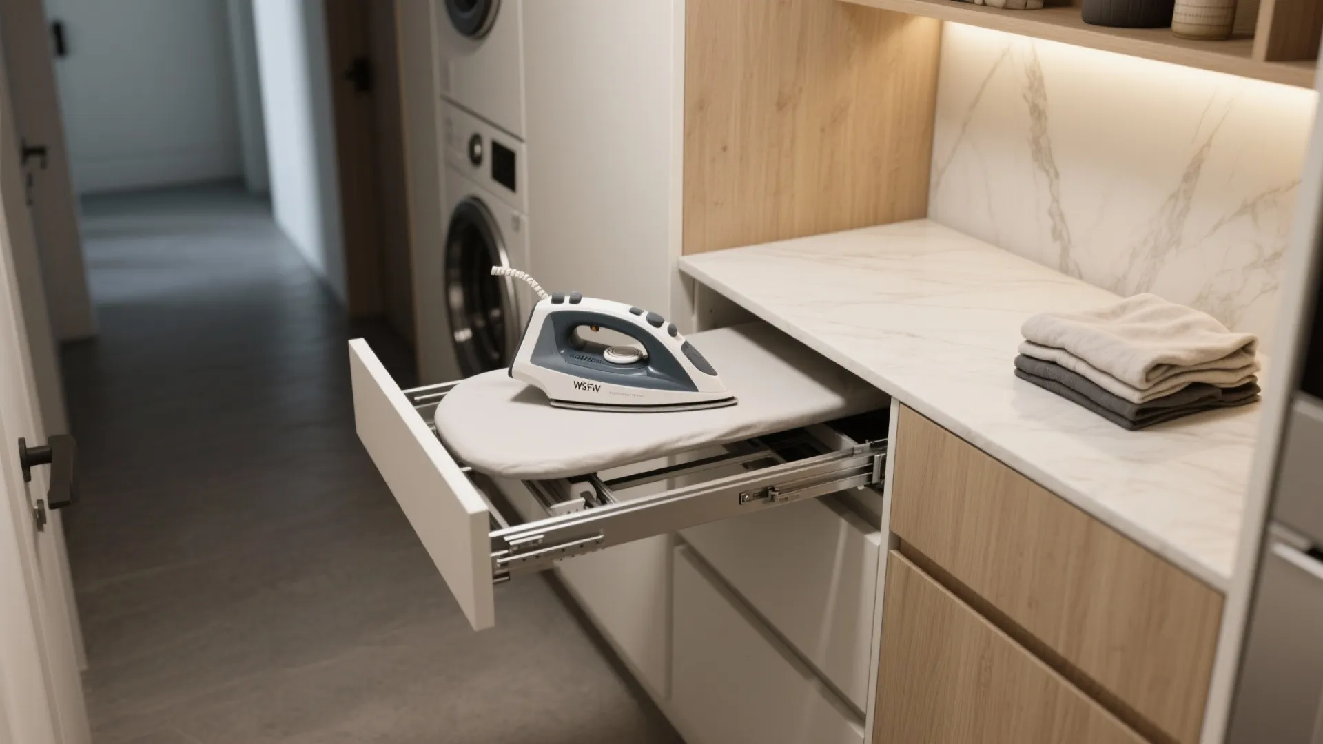 Pullout ironing board with an iron in a modern laundry room featuring wood cabinets and washer