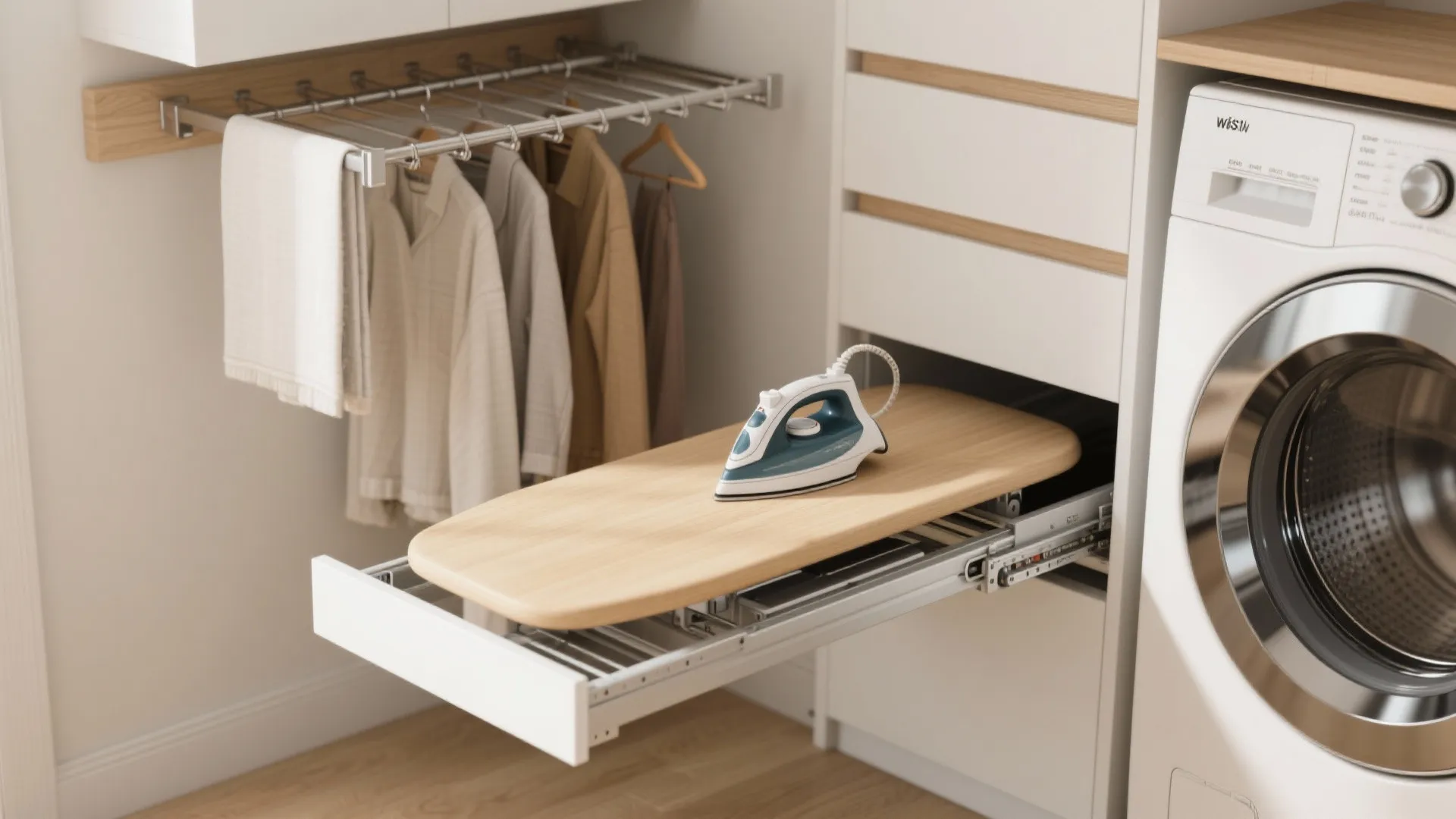 Top-down sequence of a pull-out ironing board sliding over the dryer and a wall-mounted drying rack folding flat.