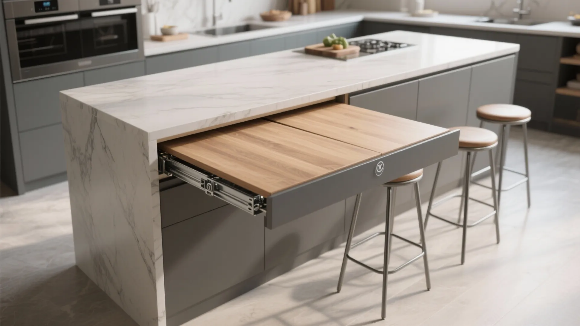 Modern kitchen marble island with a pull out wooden table extension and grey metal barstools