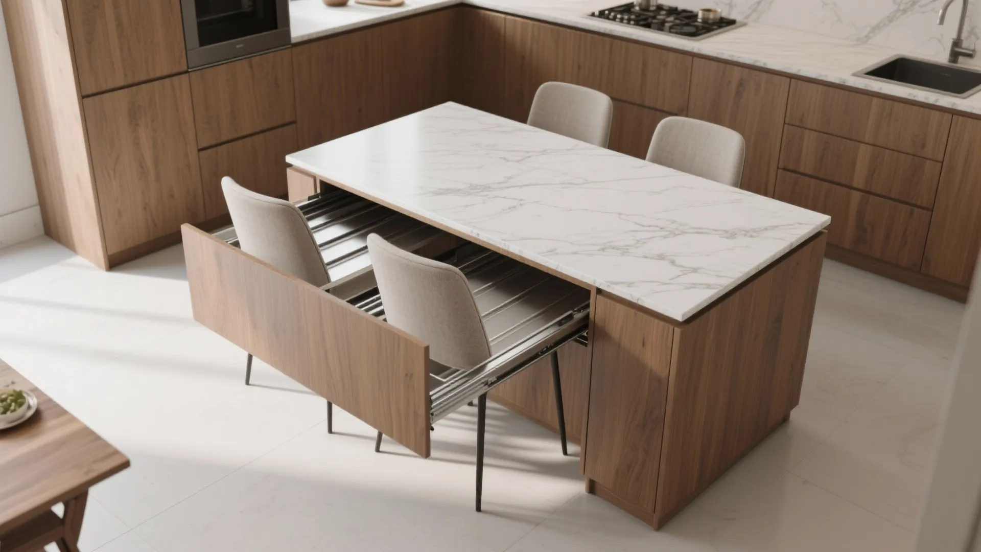 Top-down view of a compact kitchen island with a pull-out dining extension revealing hidden runners.