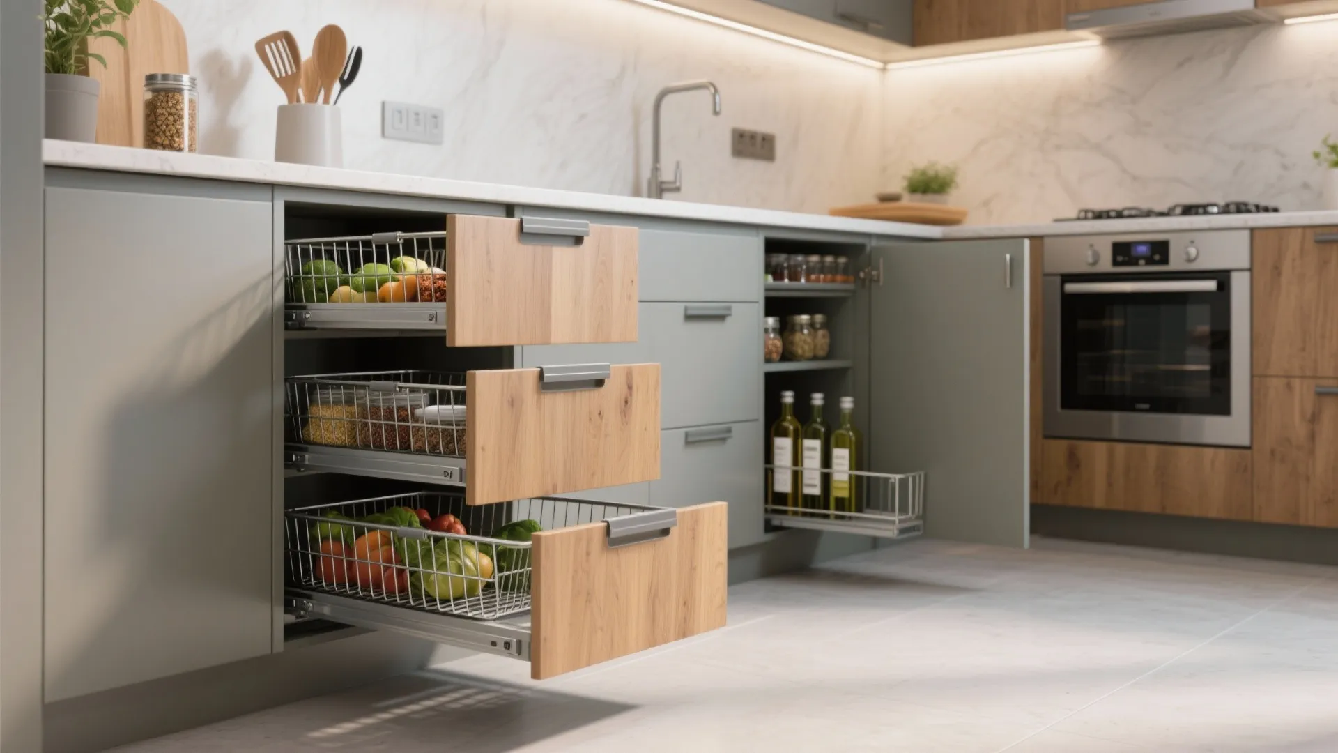Modern kitchen cabinets with three pull-out metal baskets filled with fresh vegetables and food jars