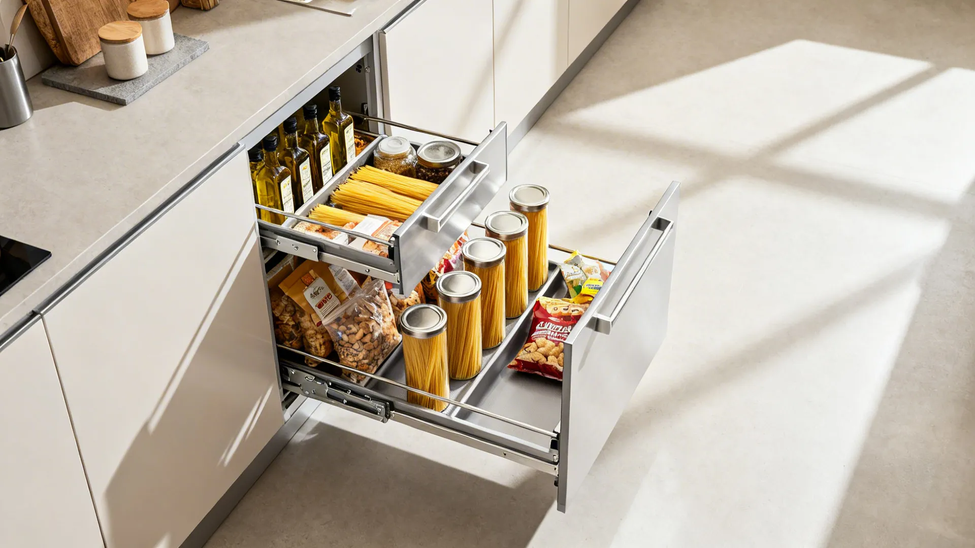 Top-down view of a pull-out larder tower with organized internal drawers in a galley kitchen.