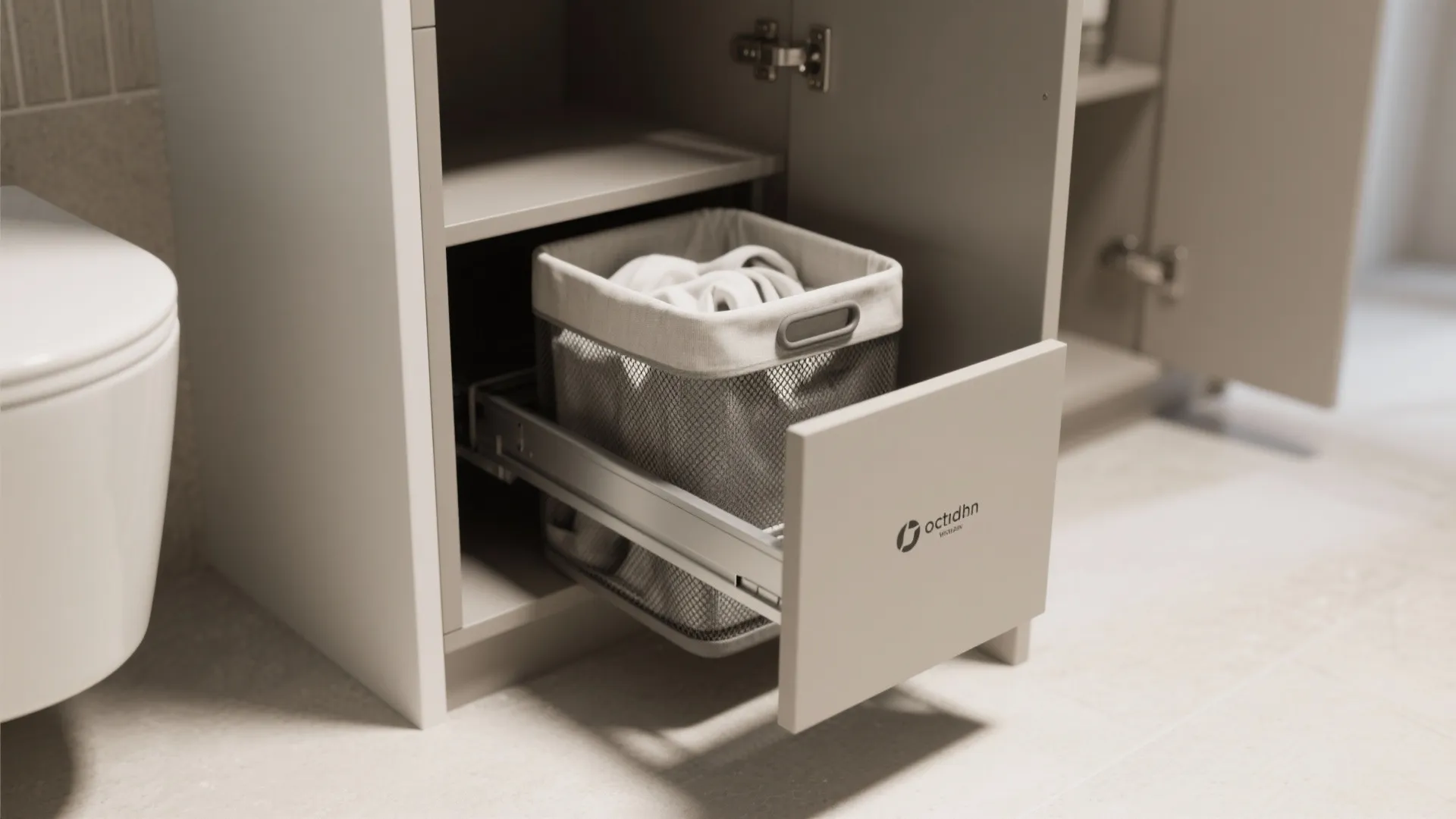 Pull out laundry basket inside a grey bathroom cabinet next to a white ceramic toilet