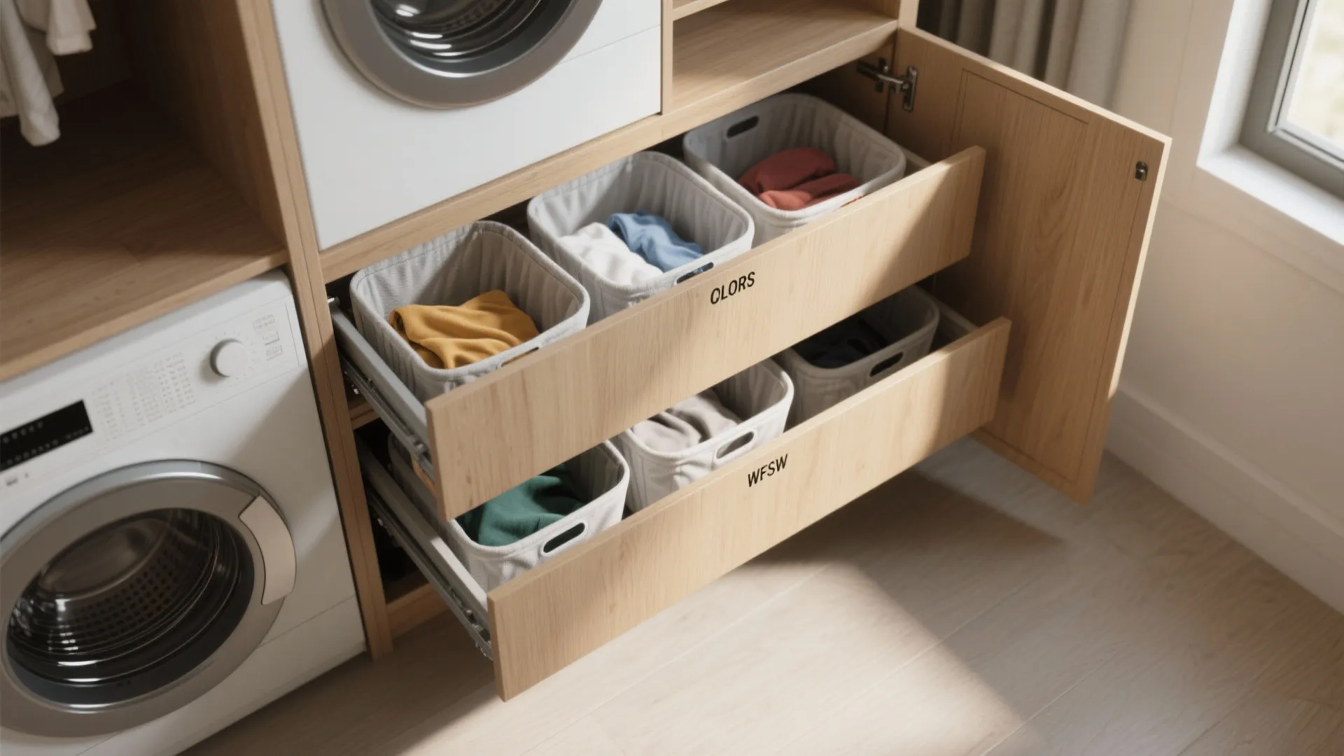 Wooden cabinet with open drawers containing white fabric laundry baskets filled with colorful folded clothes