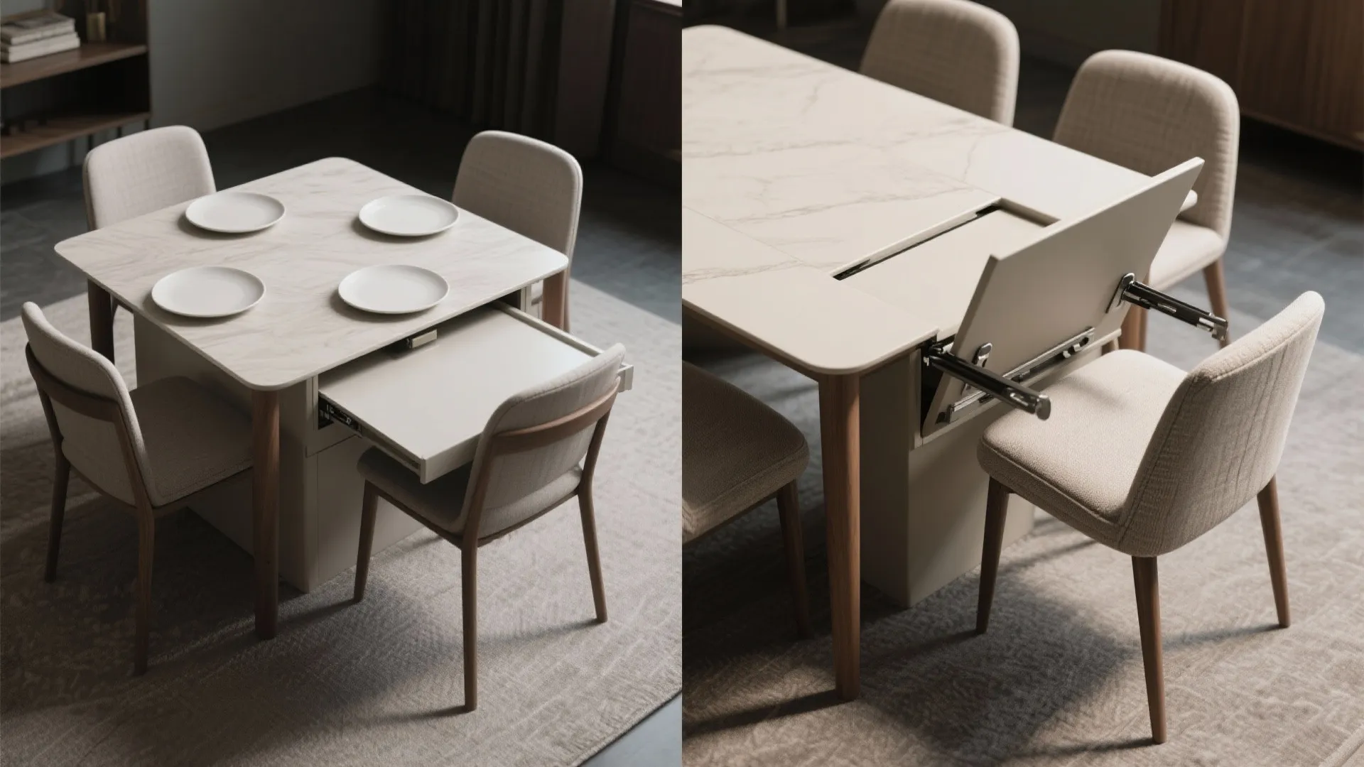 Demonstration showing how to pull out an extra leaf to extend a white marble table