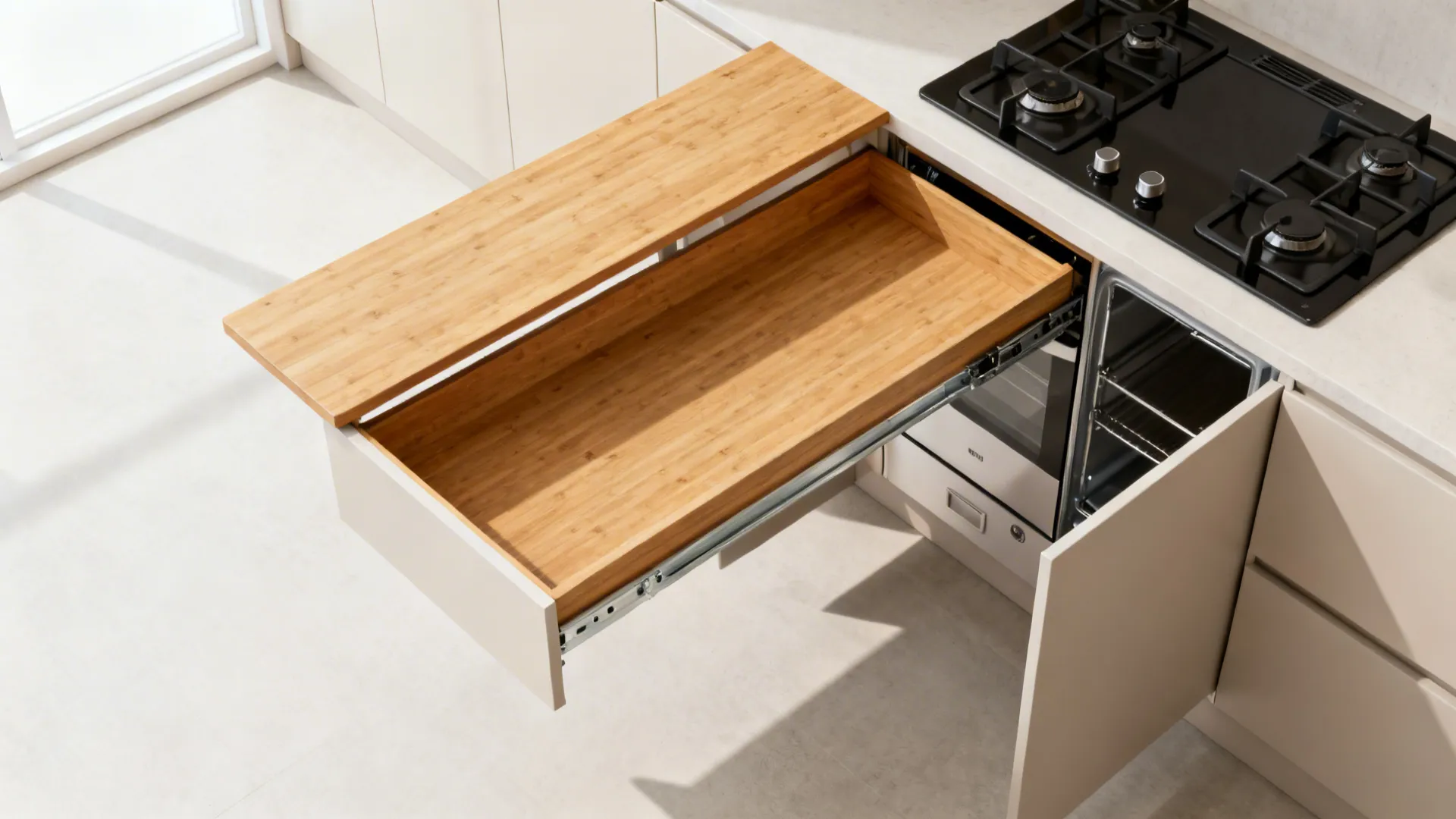 Top-down view of a pull-out breakfast ledge extended from a compact kitchen run.