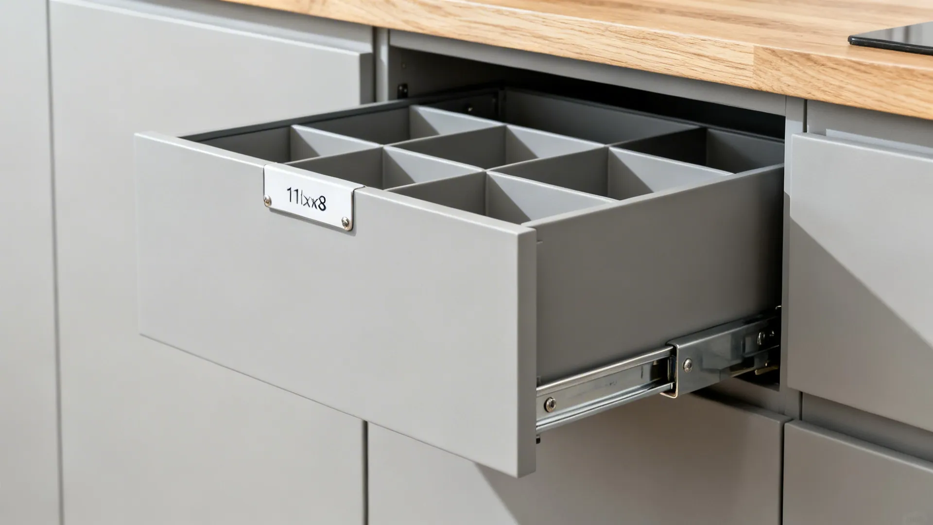Macro of a slim pantry pull-out with organized compartments in a minimalist kitchen.