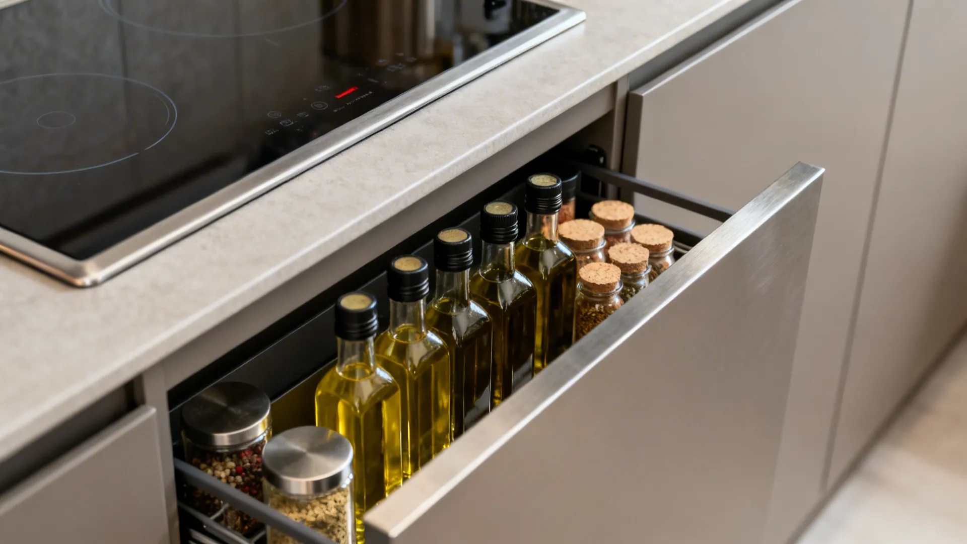 Macro view of a narrow kitchen pull-out with oils and spices beside an induction cooktop.