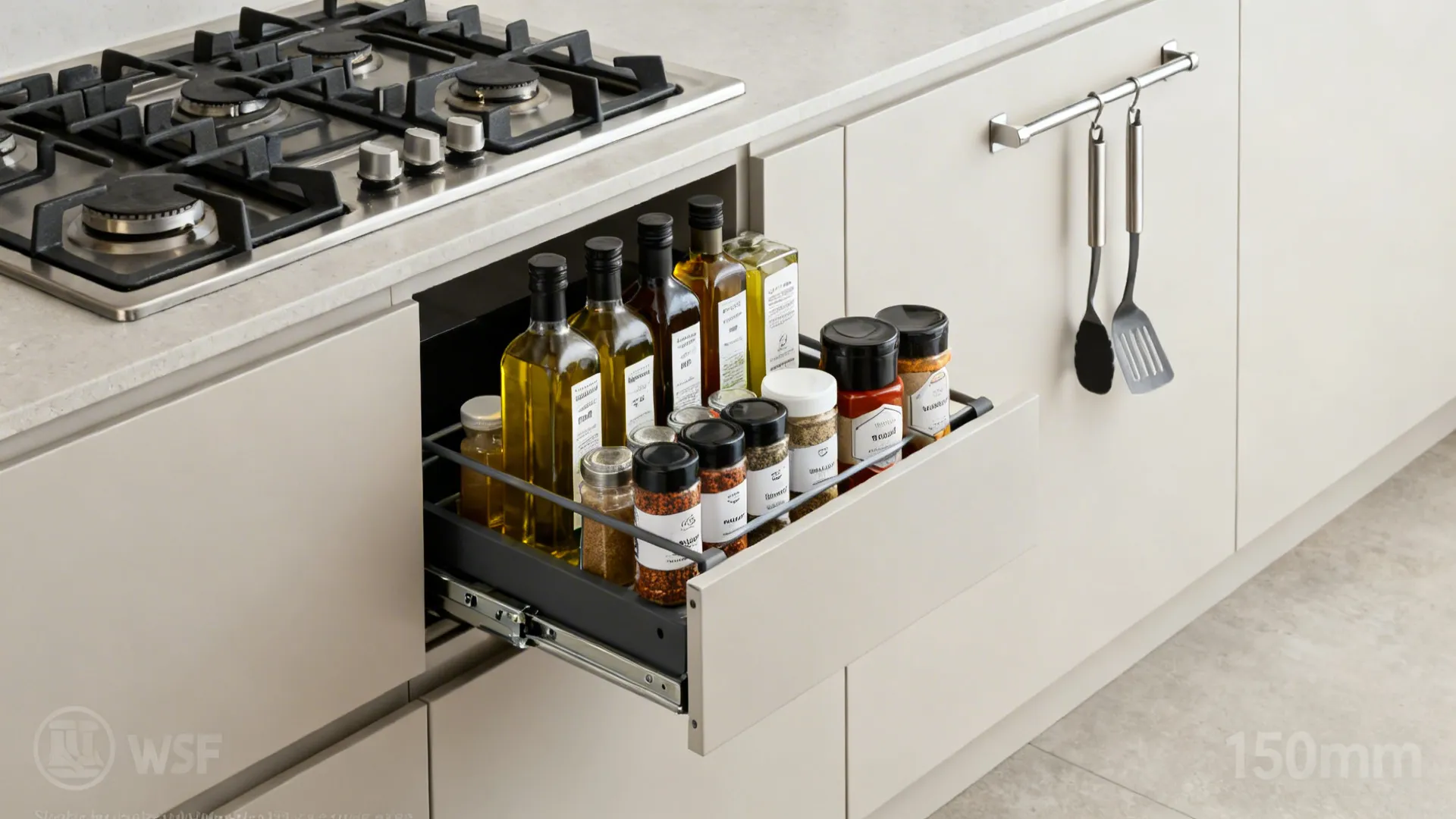 Close-up of a slim pull-out organizer with oils and rubs and a short rail with two tools.