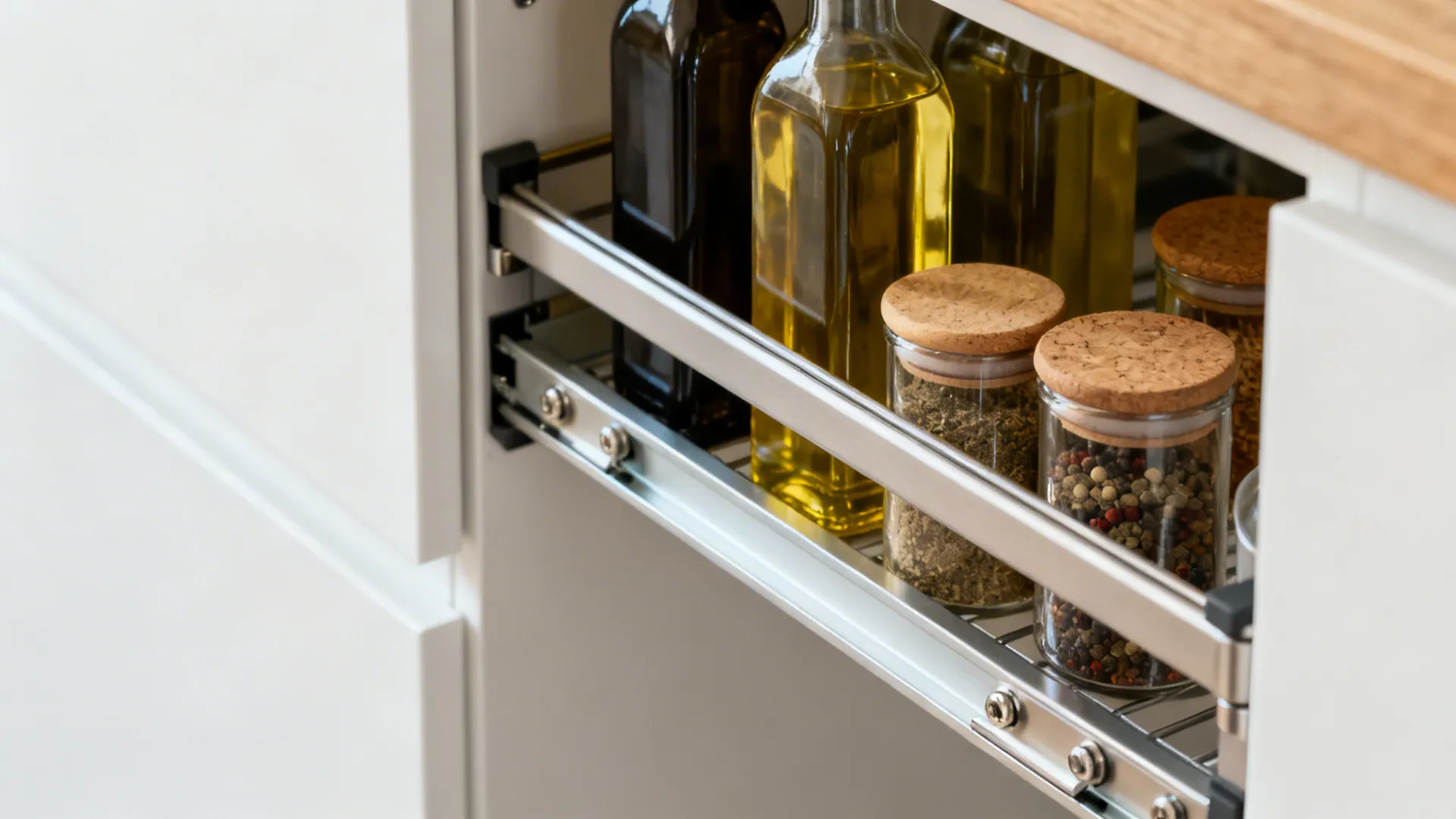 Macro of a slim pull-out organizer with soft-close runners and spices.